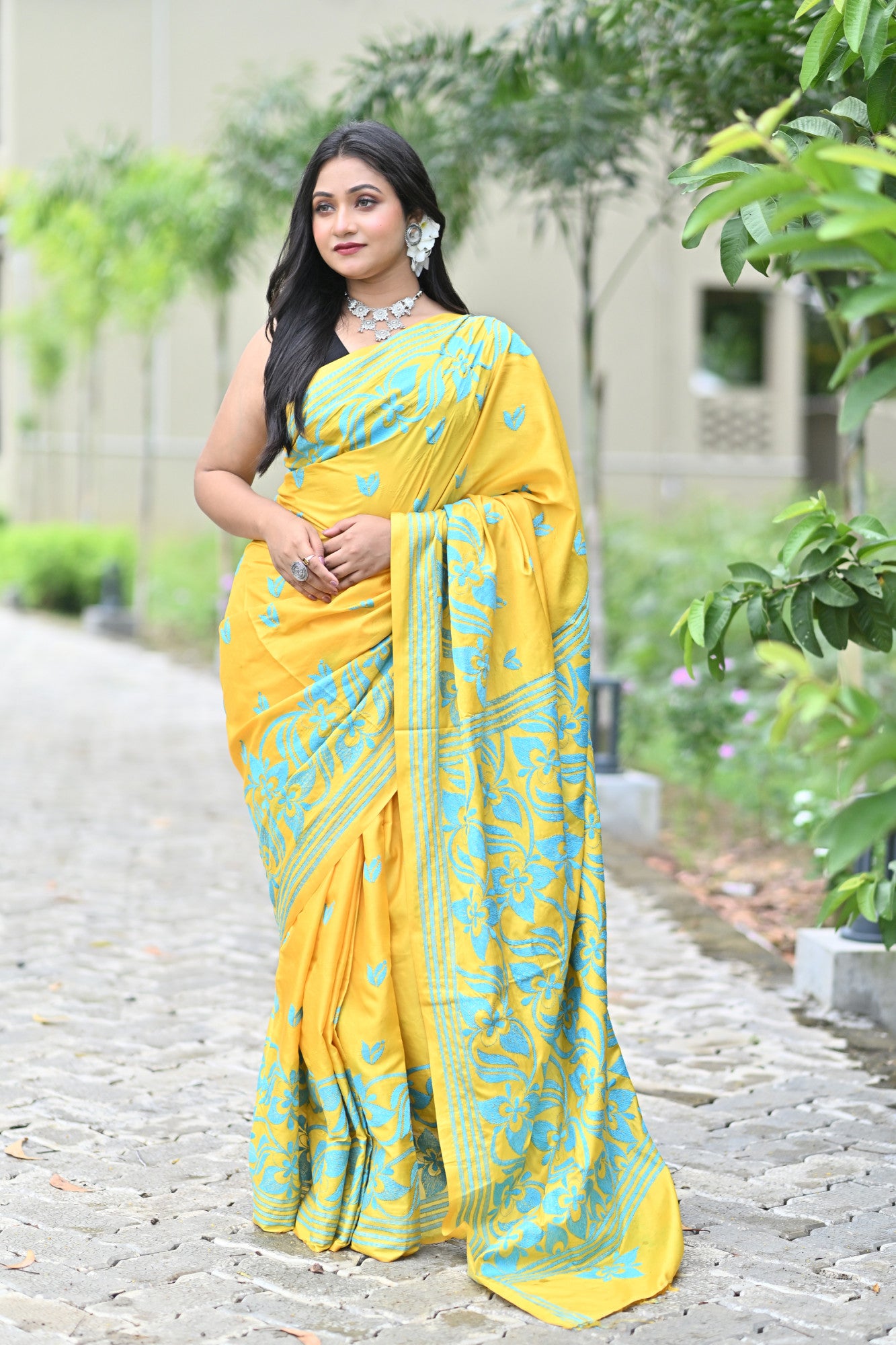 ADISHAKTI Blended Silk Kantha Stitch Saree Yellow Thumbnail