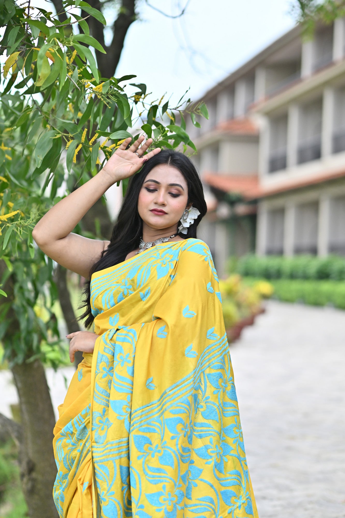 ADISHAKTI Blended Silk Kantha Stitch Saree Yellow Thumbnail