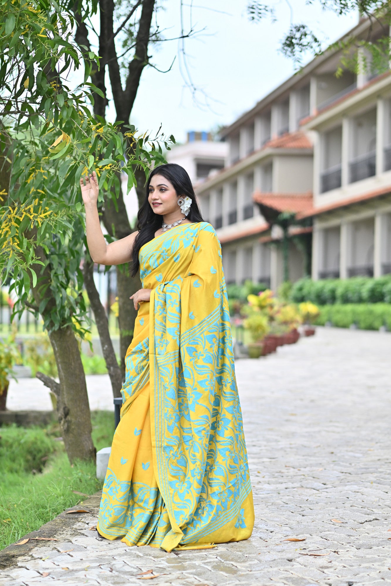 ADISHAKTI Blended Silk Kantha Stitch Saree Yellow Thumbnail