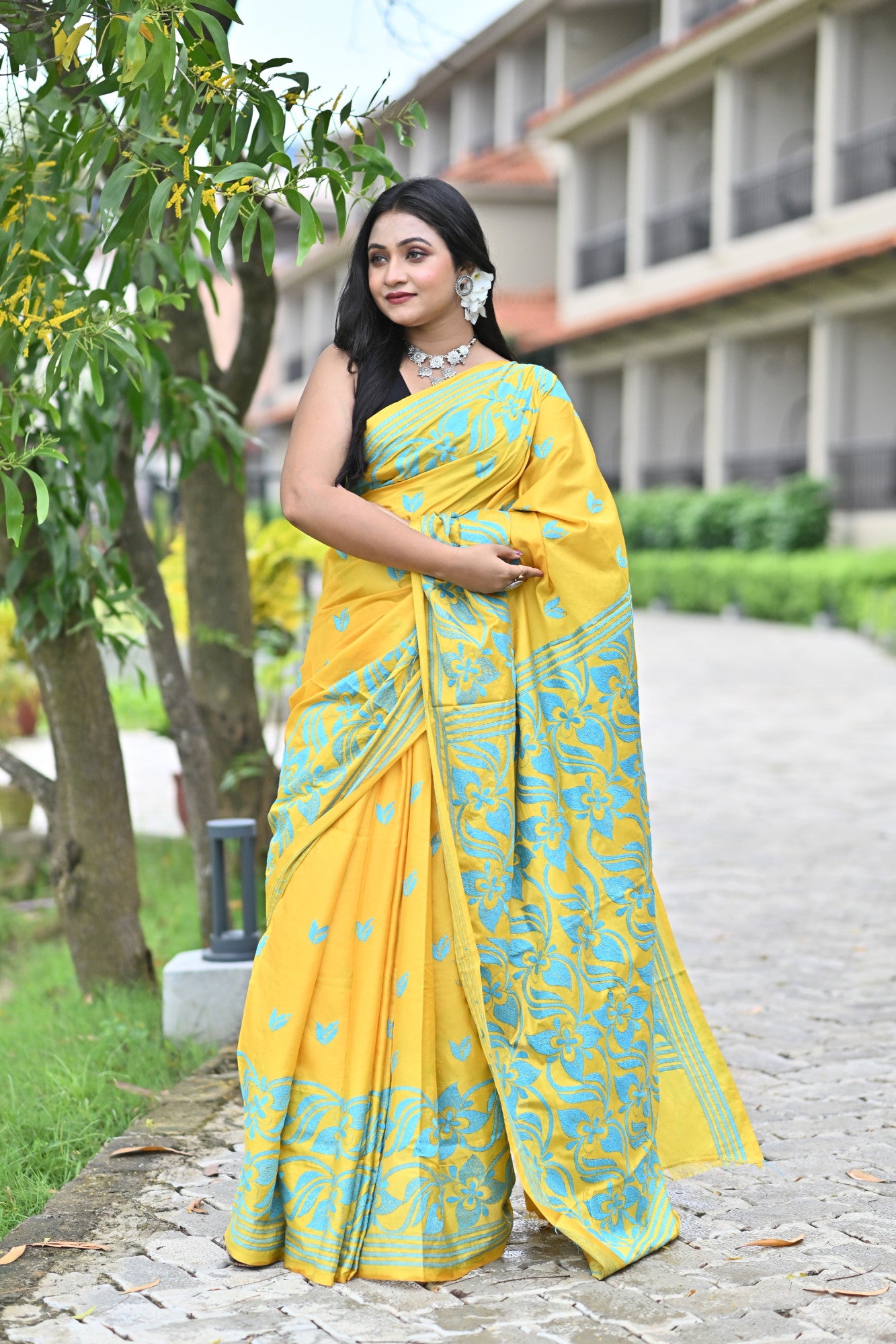 ADISHAKTI Blended Silk Kantha Stitch Saree Yellow Thumbnail