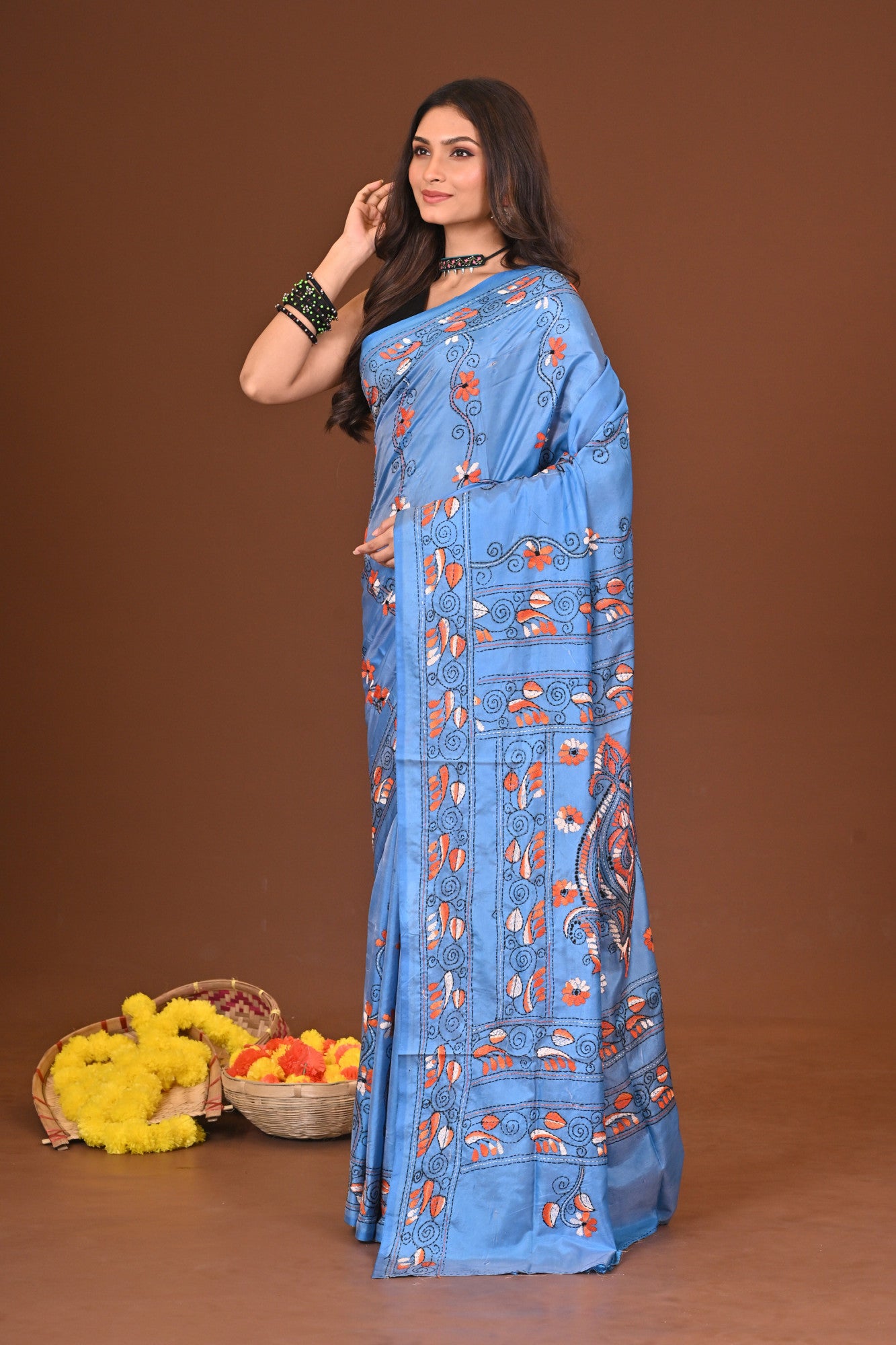 Akashini Blended Silk Kantha Stitch Saree Blue Thumbnail