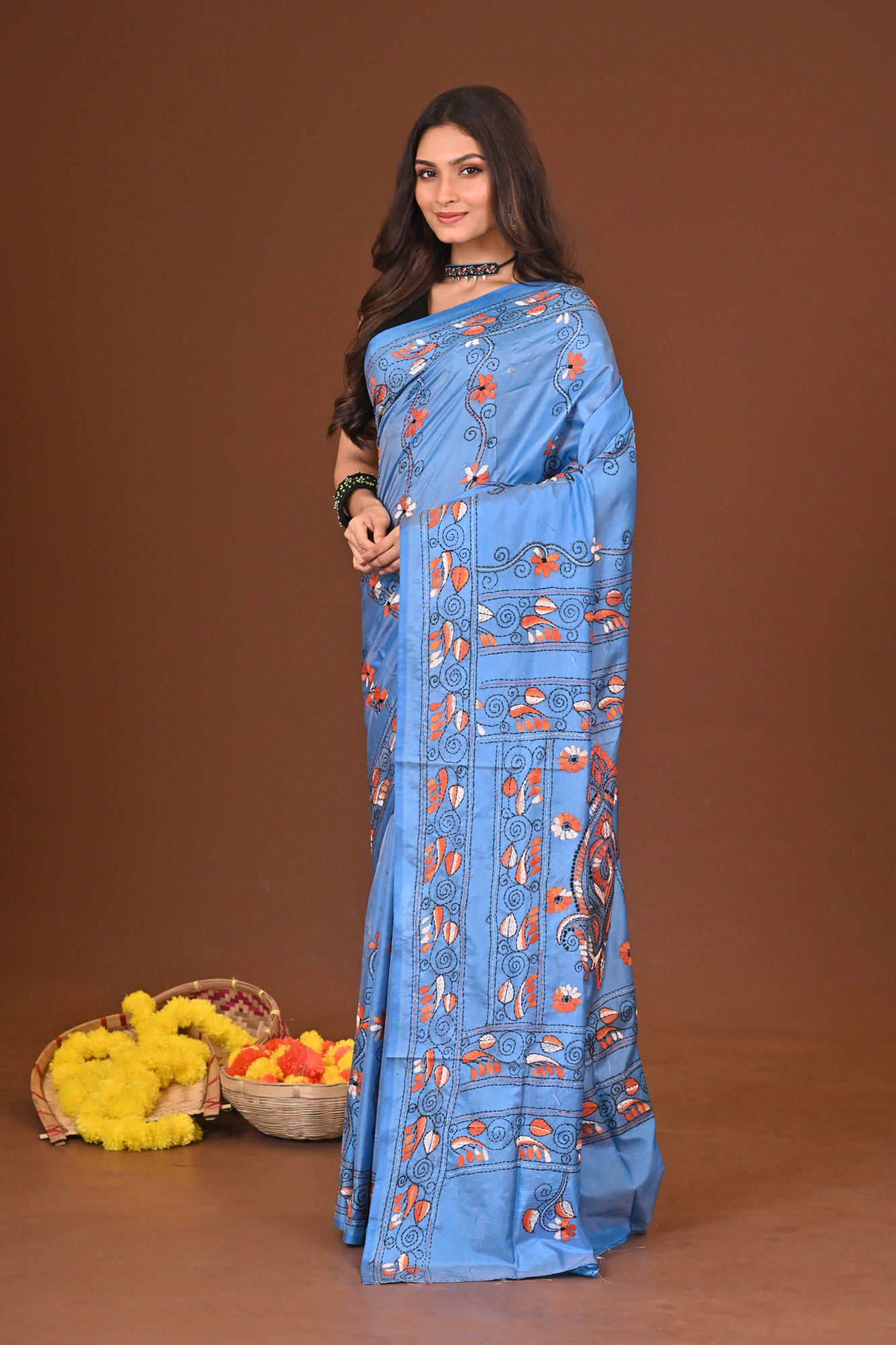 Akashini Blended Silk Kantha Stitch Saree Blue Thumbnail