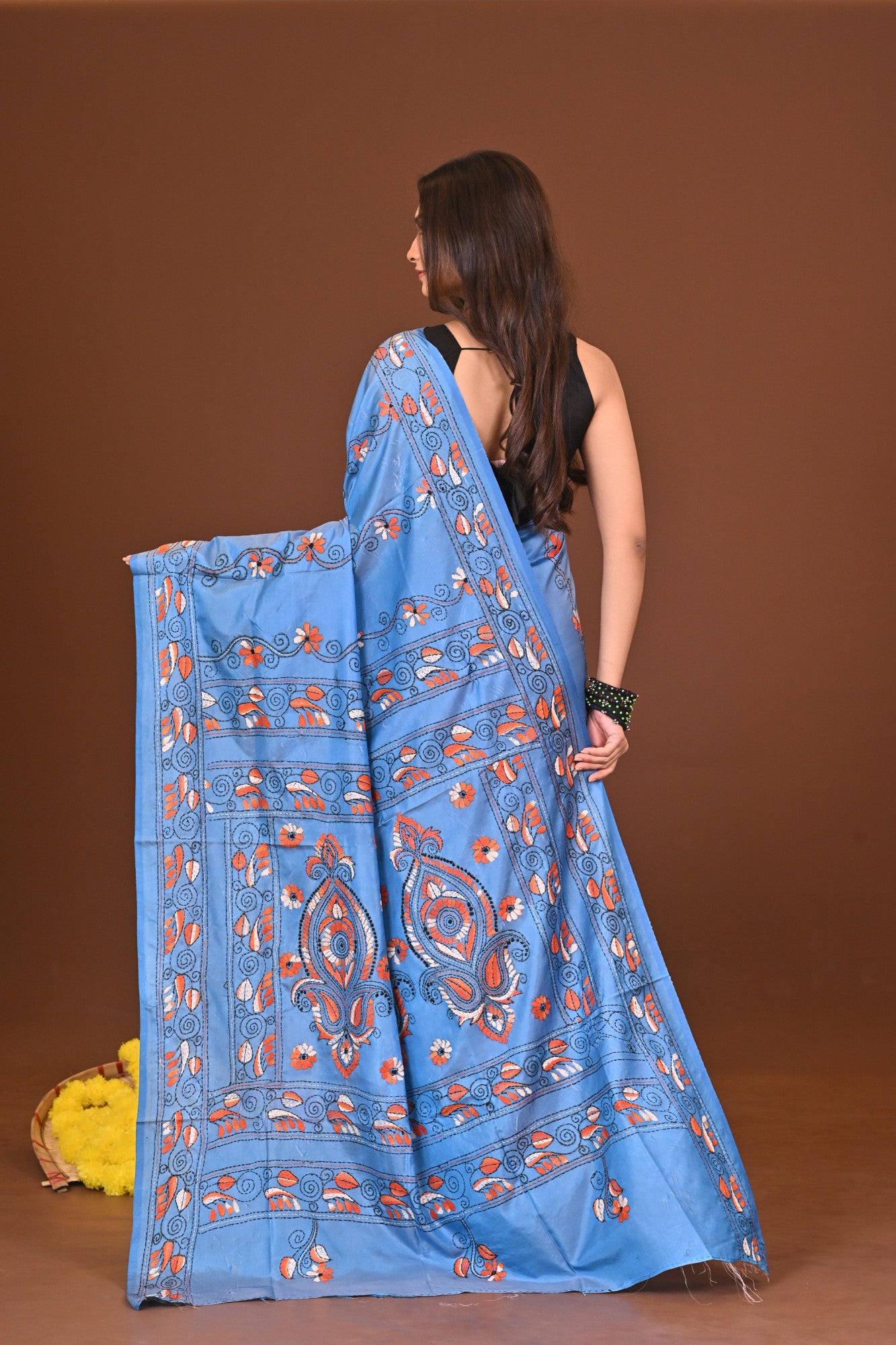 Akashini Blended Silk Kantha Stitch Saree Blue Thumbnail