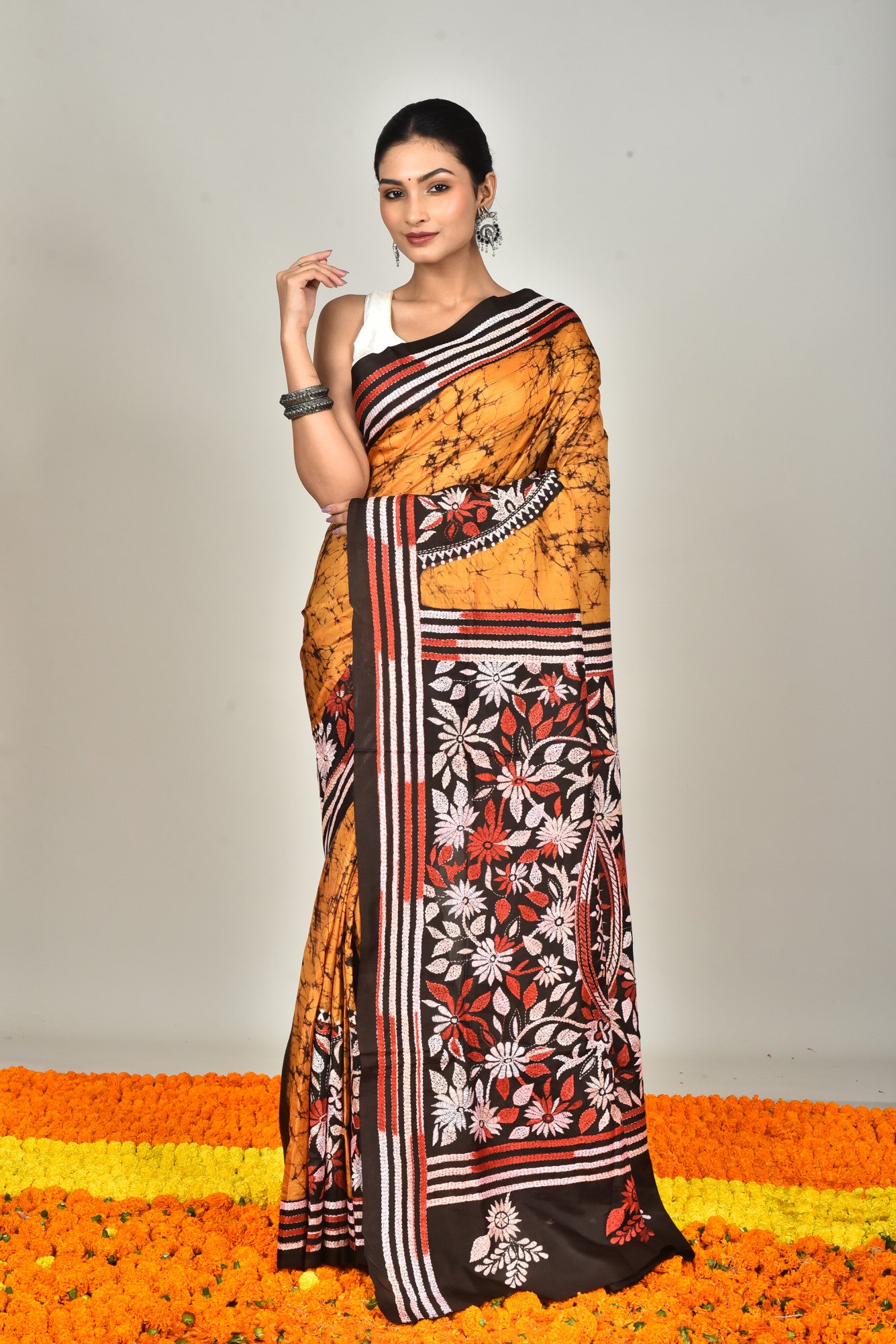 BANGALORE SILK BATIK KANTHA SAREE