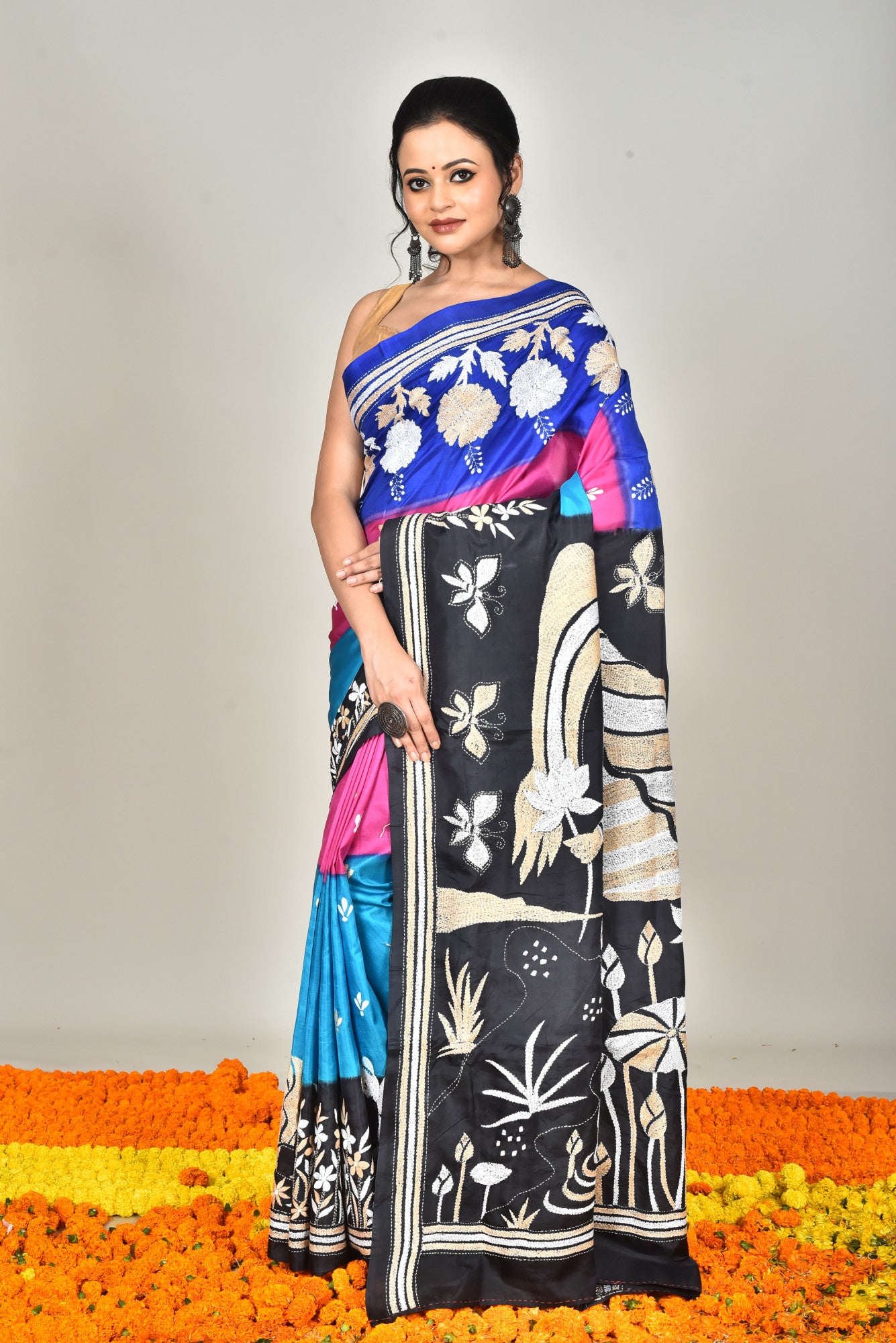 Bangalore Silk Dye Kantha Stitch Saree Multicolor Thumbnail