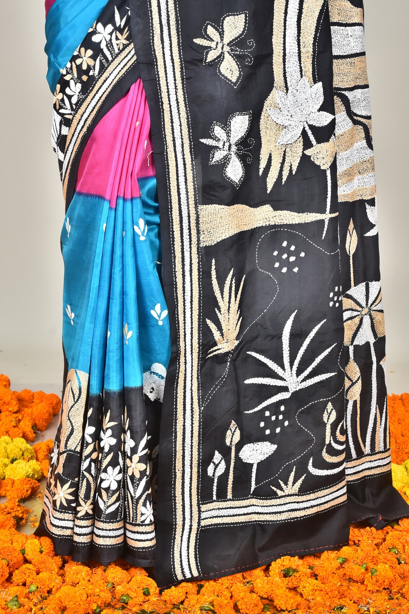 Bangalore Silk Dye Kantha Stitch Saree Multicolor Thumbnail
