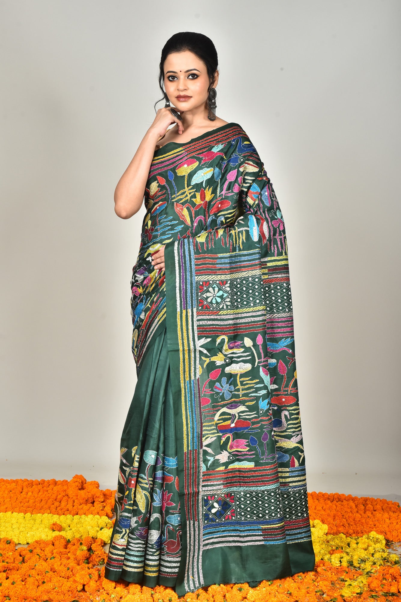 Bangalore Silk Kantha Stitch Saree Maroon Bottle Green
