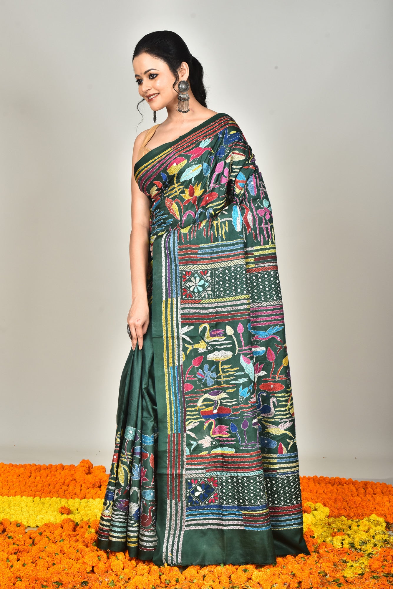 Bangalore Silk Kantha Stitch Saree Maroon Bottle Green Thumbnail