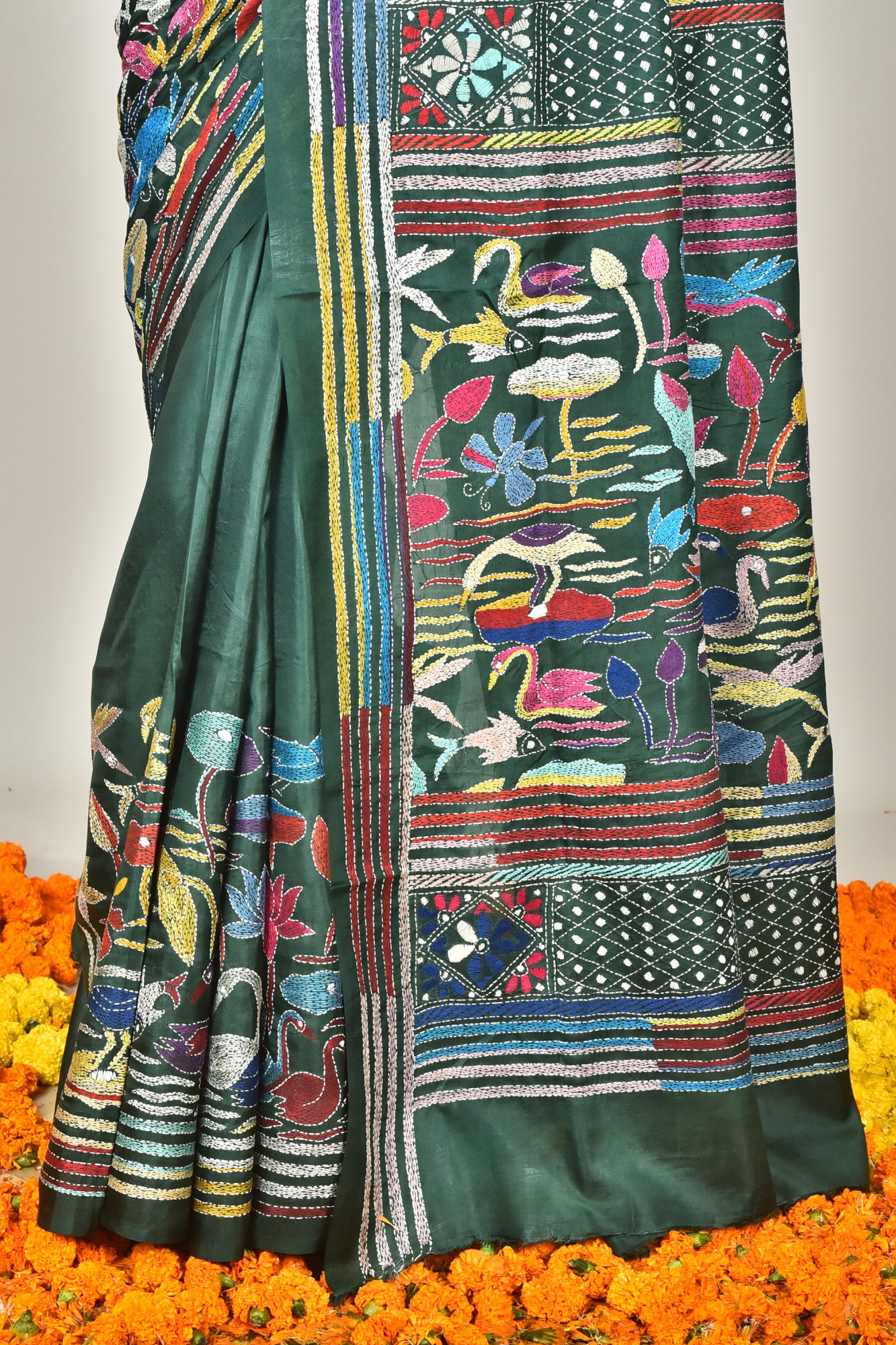 Bangalore Silk Kantha Stitch Saree Maroon Bottle Green Thumbnail