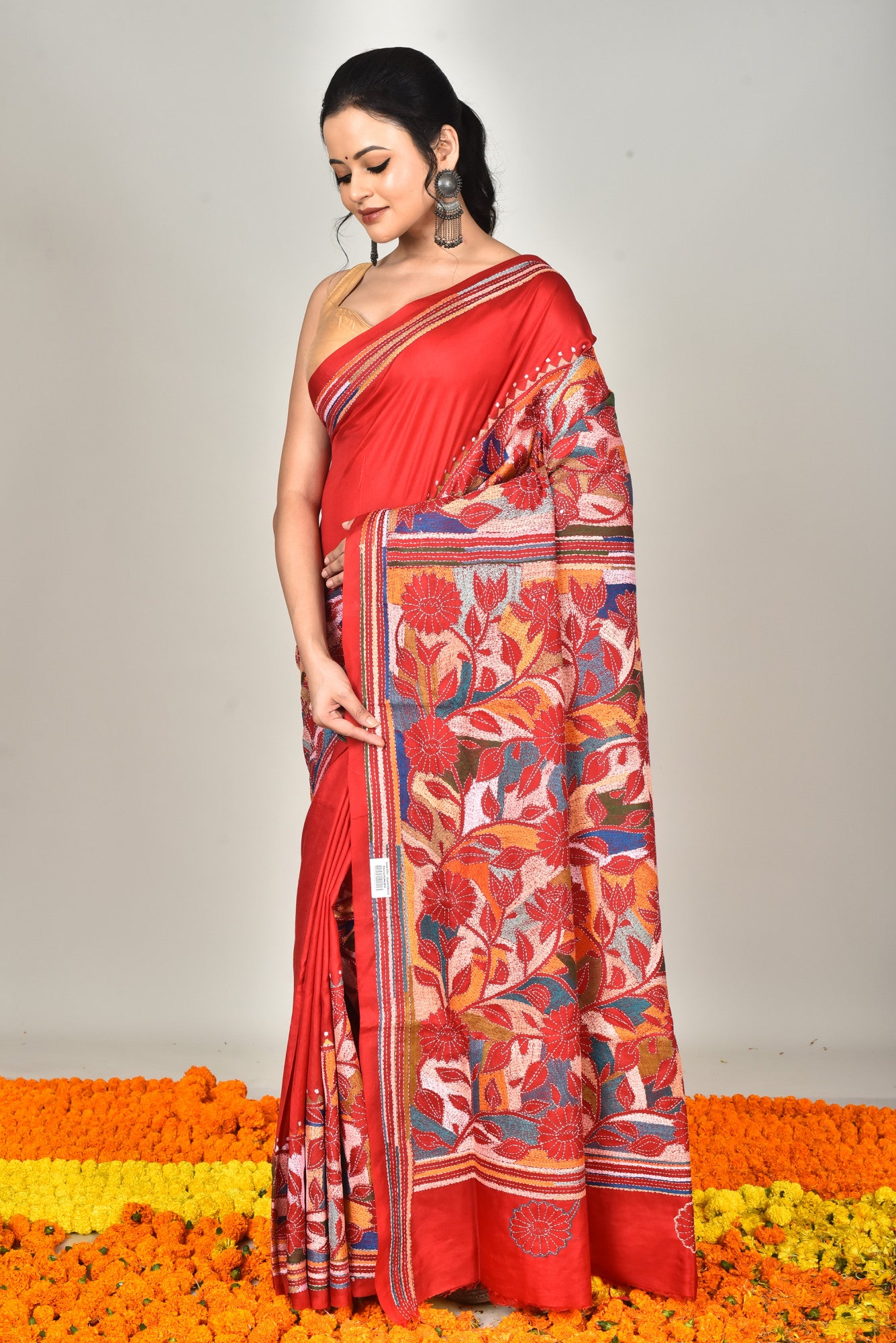 Bangalore Silk Kantha Stitch Saree Red Thumbnail