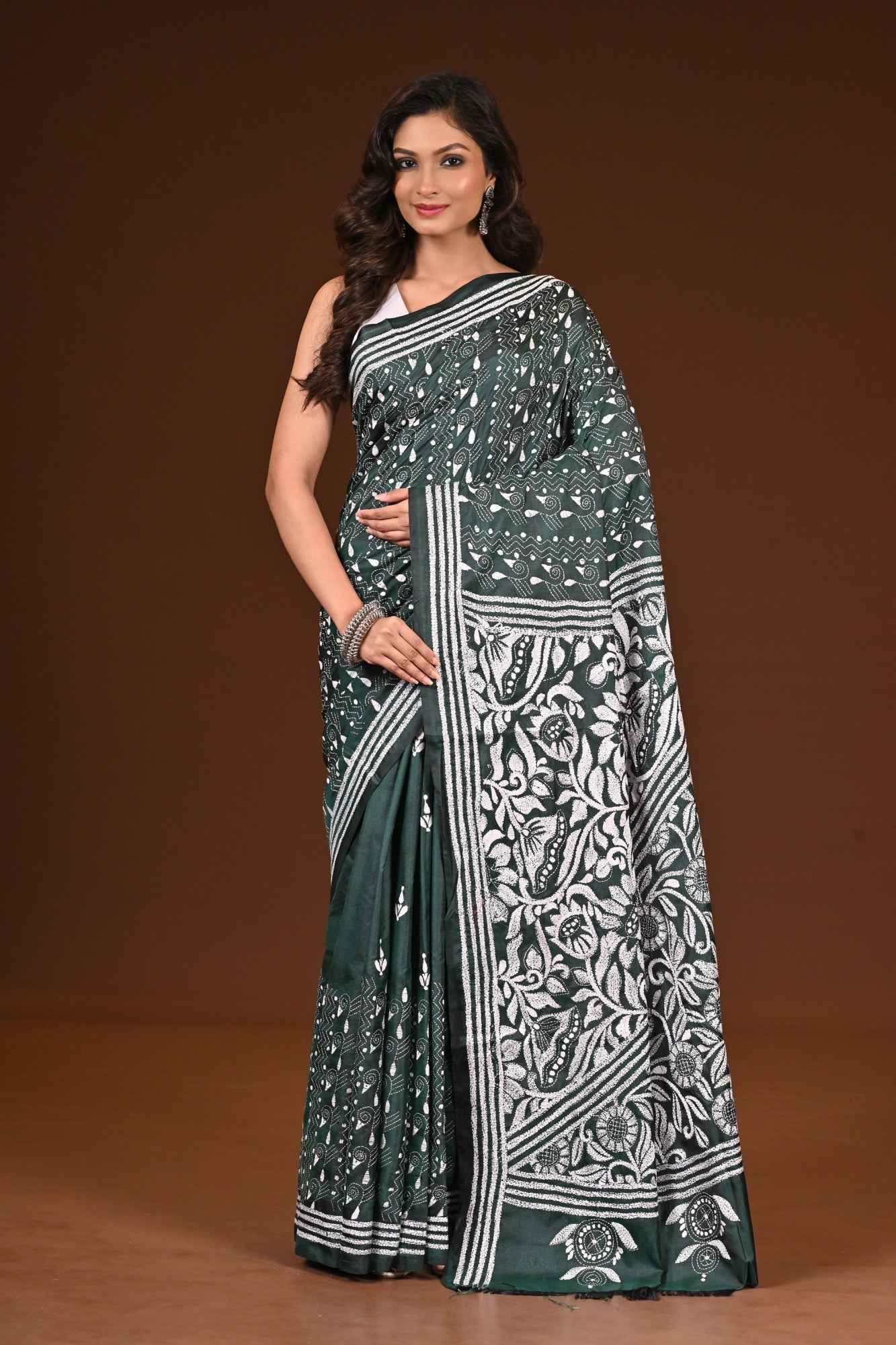 Blended Kantha Stitch Saree Green