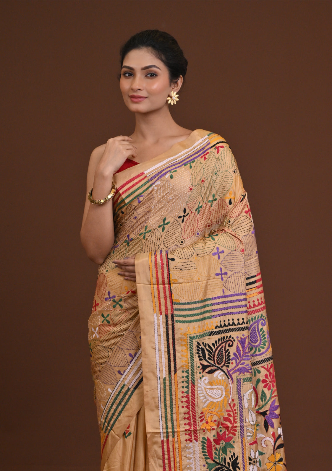Blended Silk Kantha Saree Beige Thumbnail