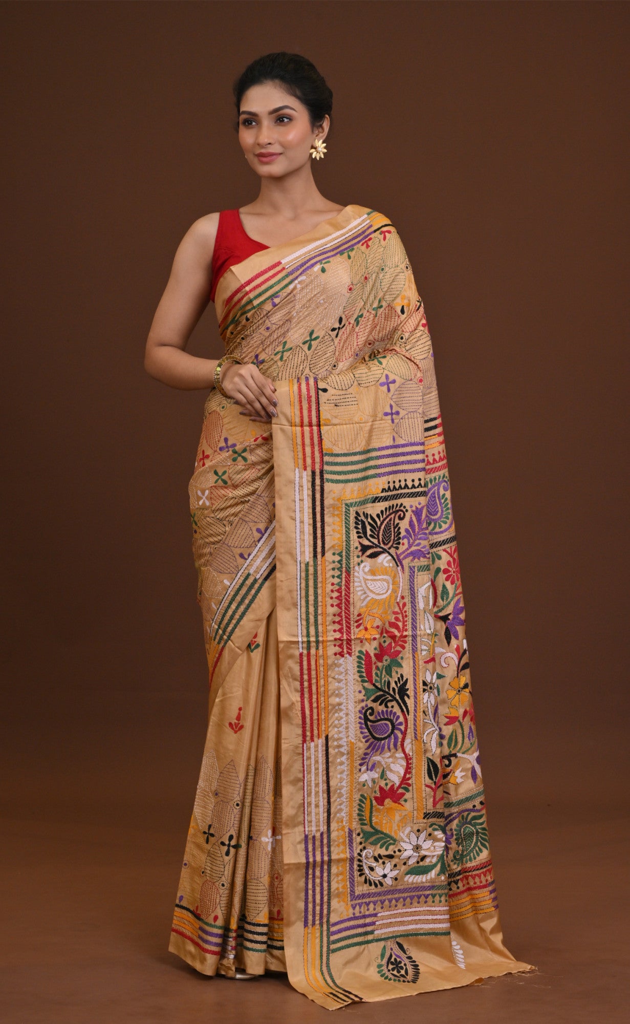 Blended Silk Kantha Saree Beige Thumbnail