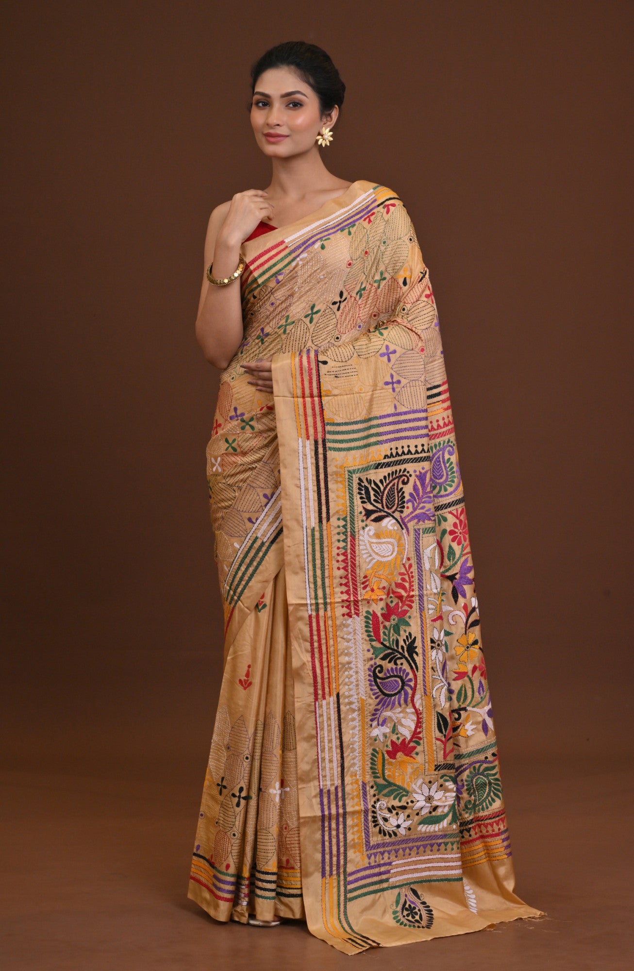Blended Silk Kantha Saree Beige Thumbnail