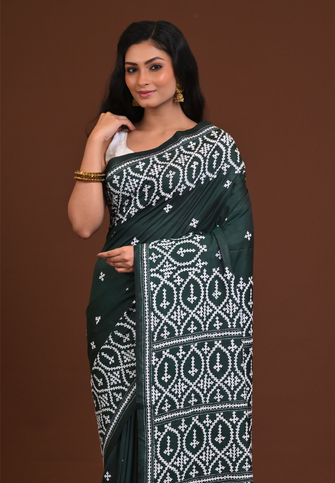Blended Silk Kantha Saree Green Thumbnail