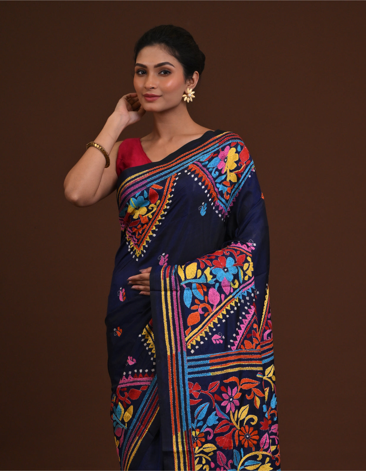 Blended Silk Kantha Saree Navy Blue