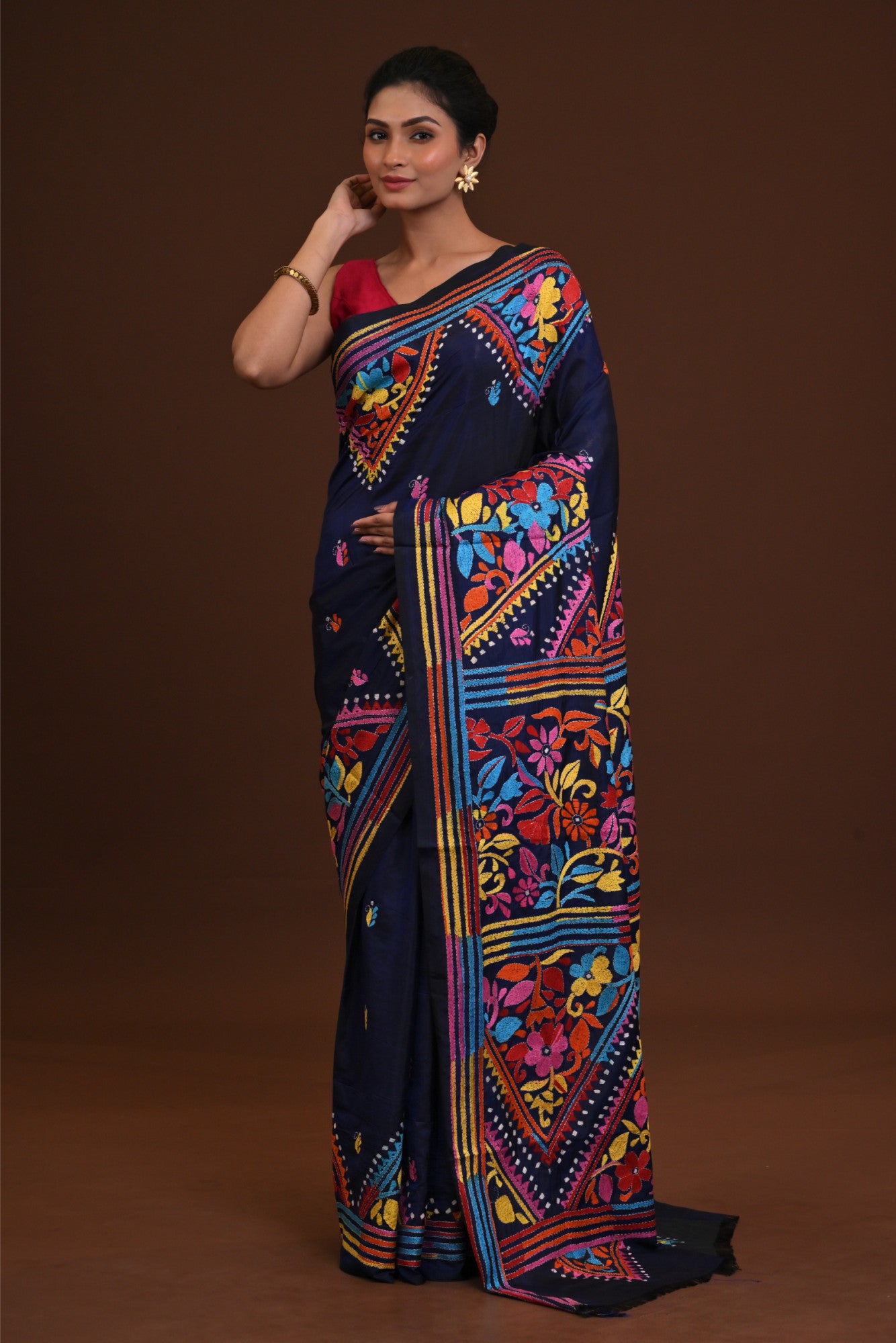 Blended Silk Kantha Saree Navy Blue Thumbnail