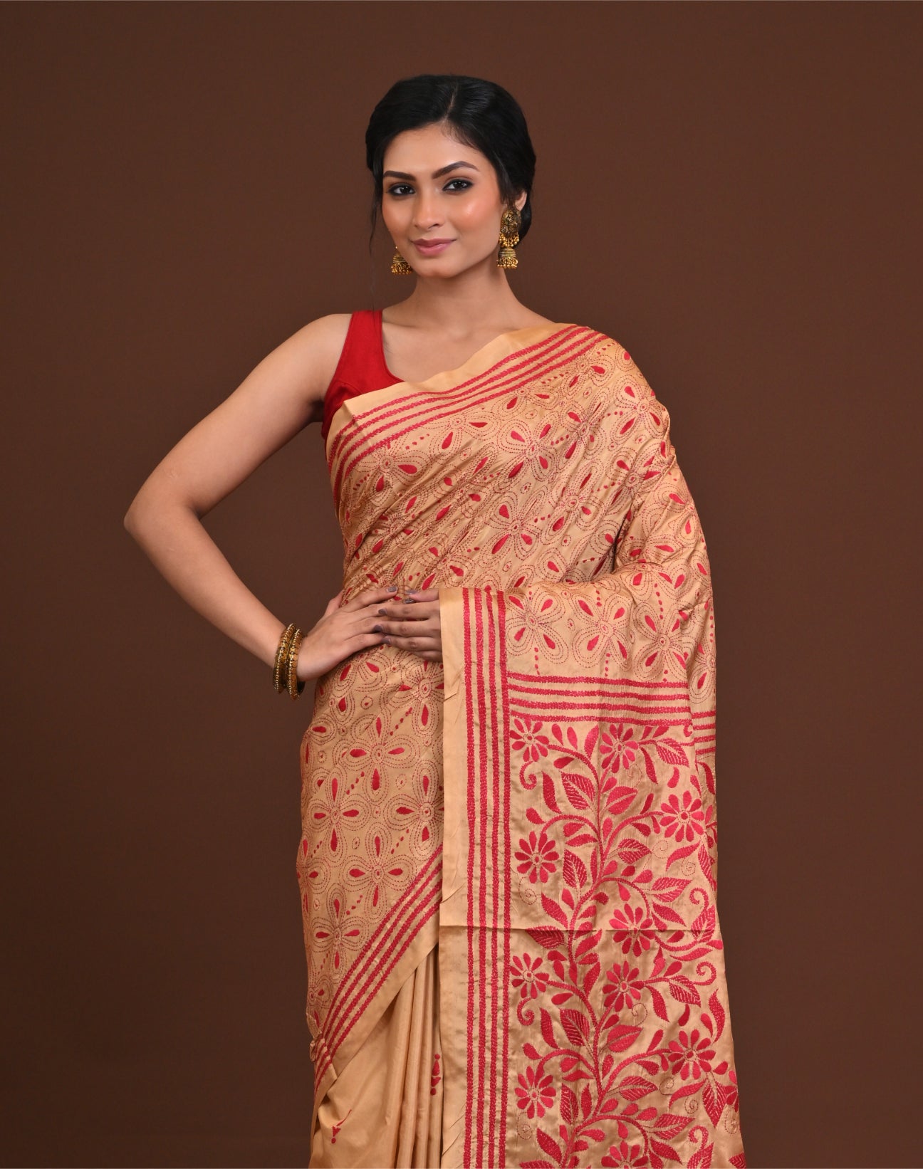 Blended Silk Kantha Stitch Saree Beige