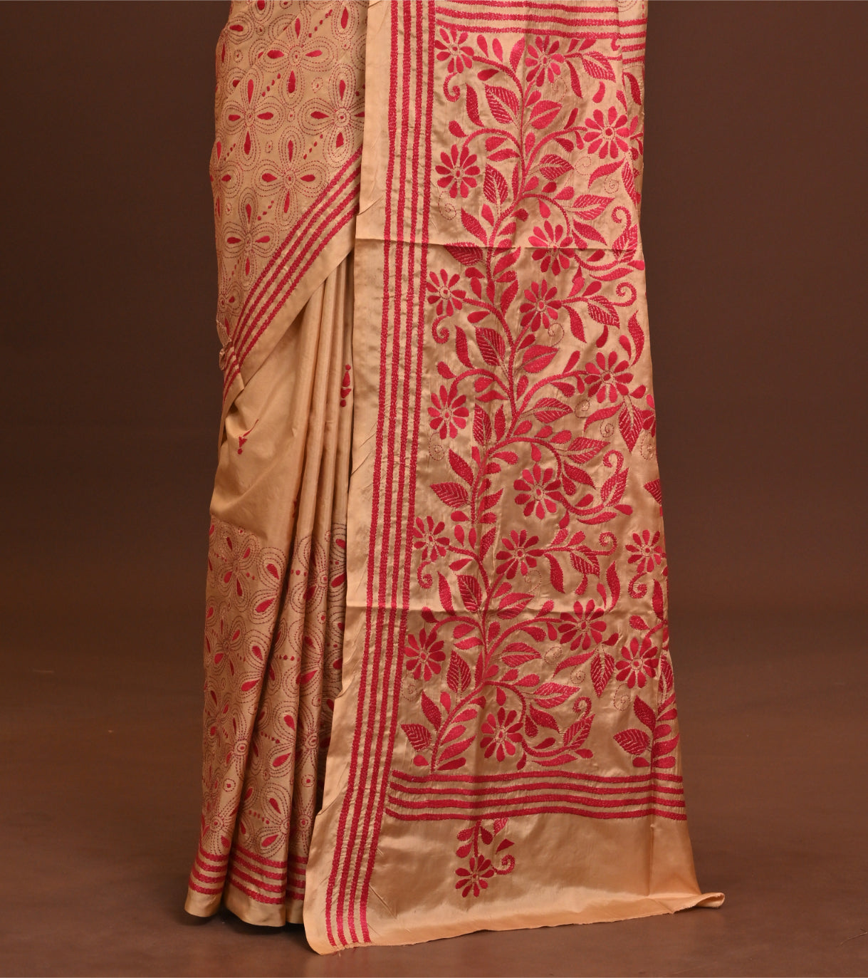 Blended Silk Kantha Stitch Saree Beige Thumbnail