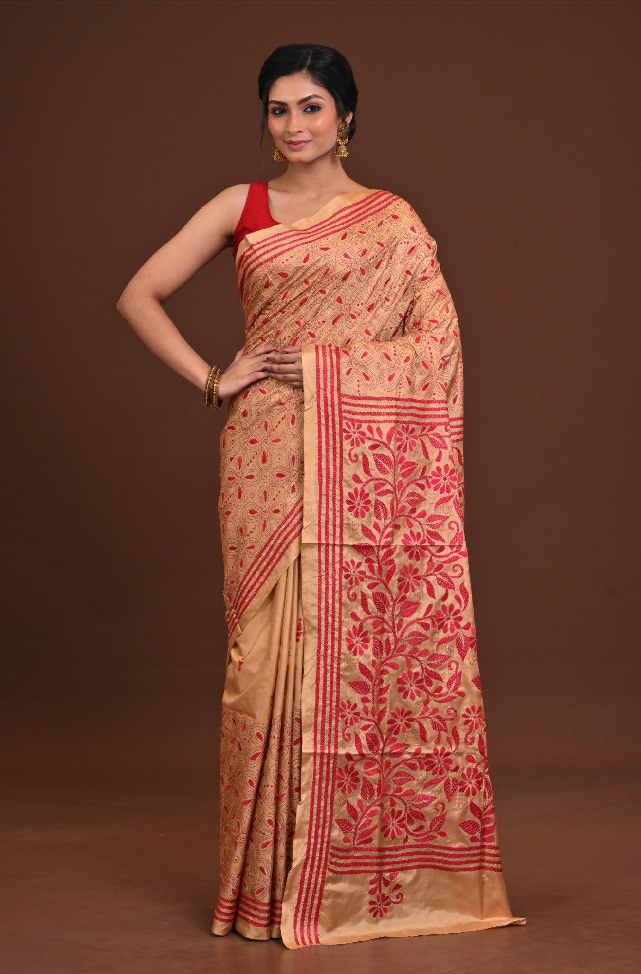 Blended Silk Kantha Stitch Saree Beige Thumbnail