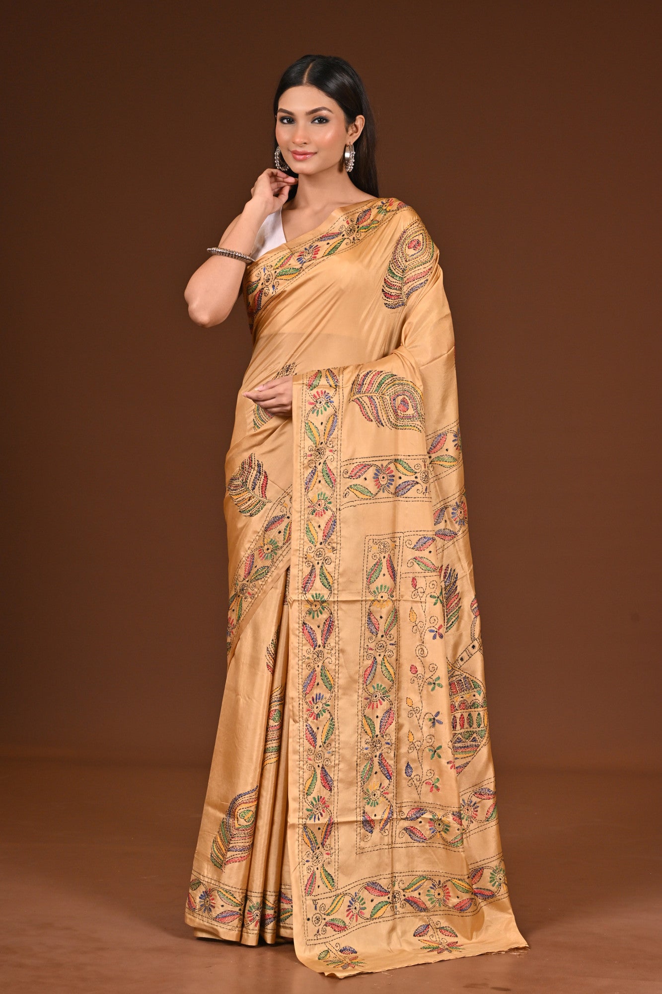 Blended Silk Kantha Stitch Saree Beige