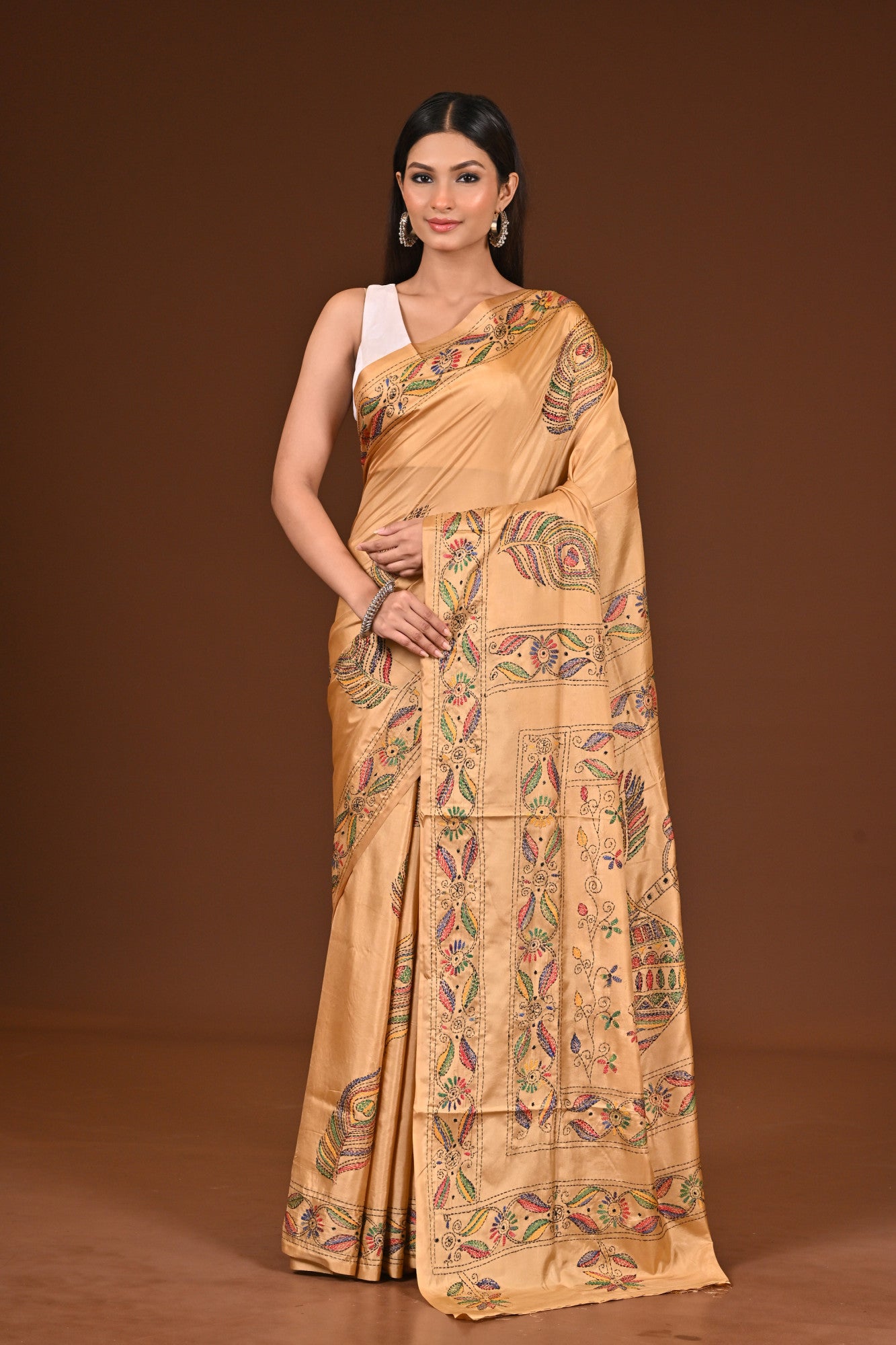 Blended Silk Kantha Stitch Saree Beige Thumbnail