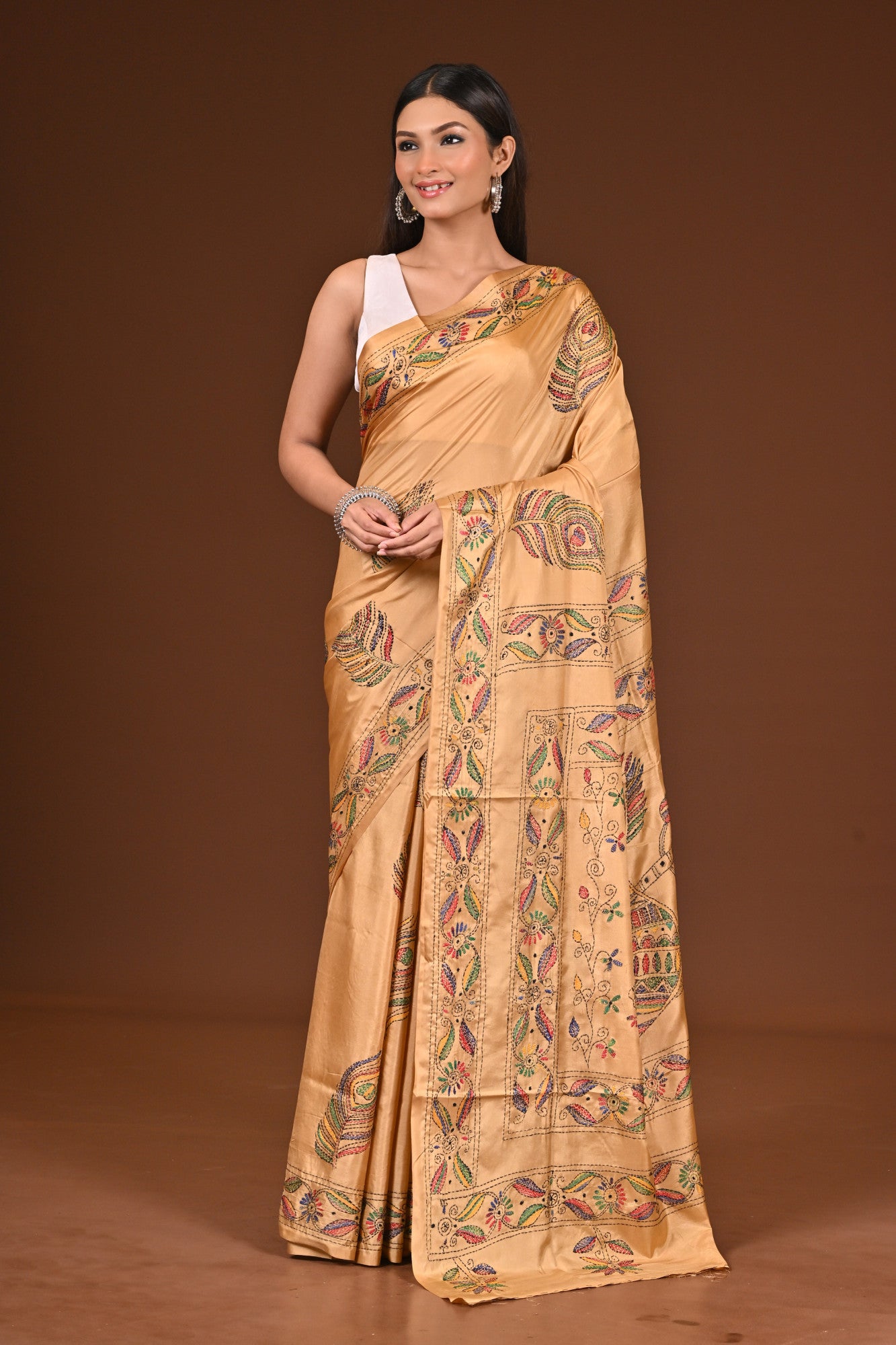 Blended Silk Kantha Stitch Saree Beige Thumbnail