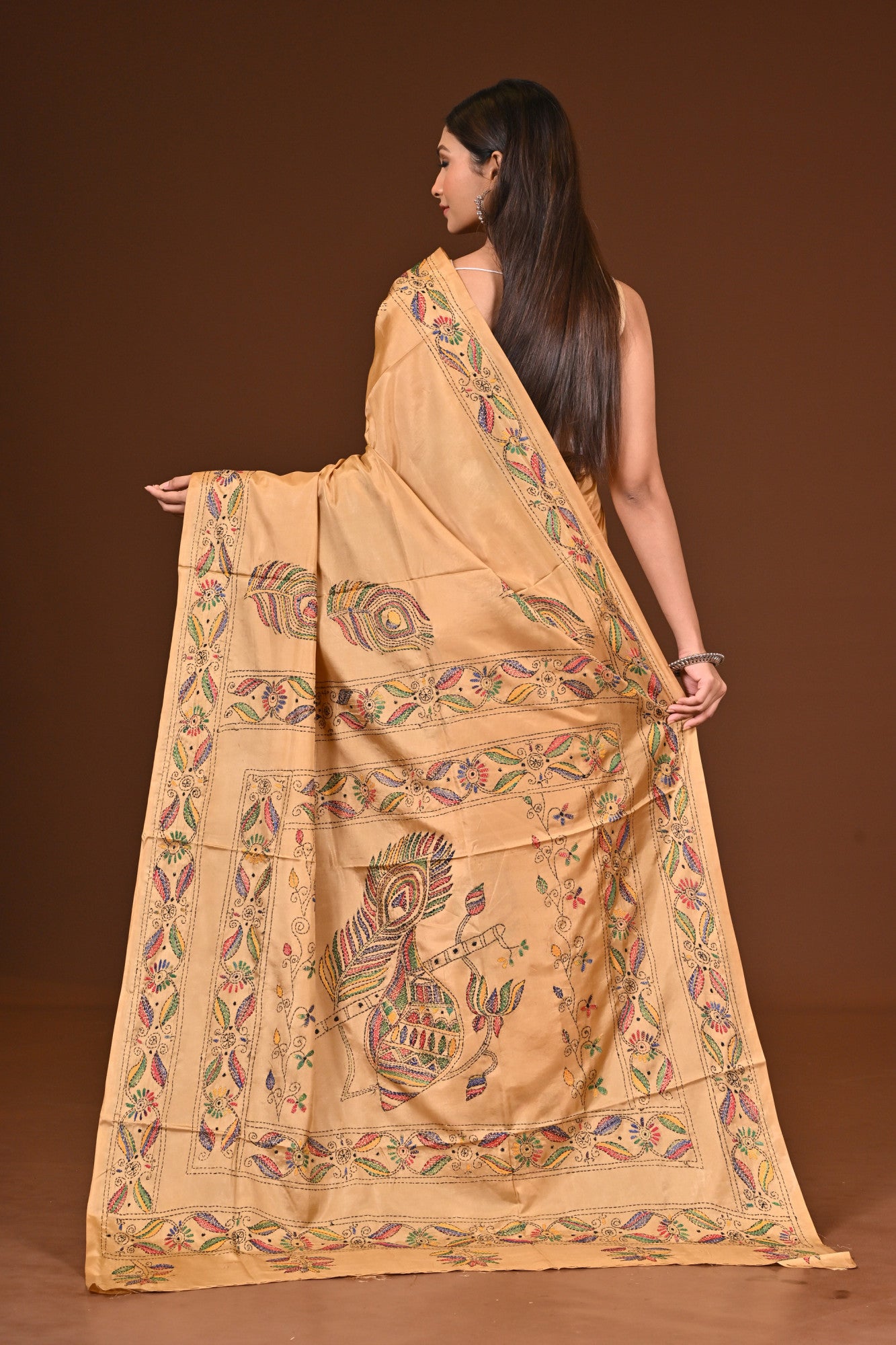 Blended Silk Kantha Stitch Saree Beige Thumbnail