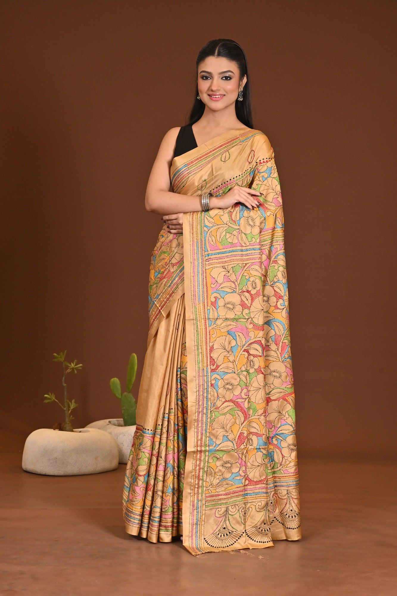 Blended Silk Kantha Stitch Saree Beige Thumbnail