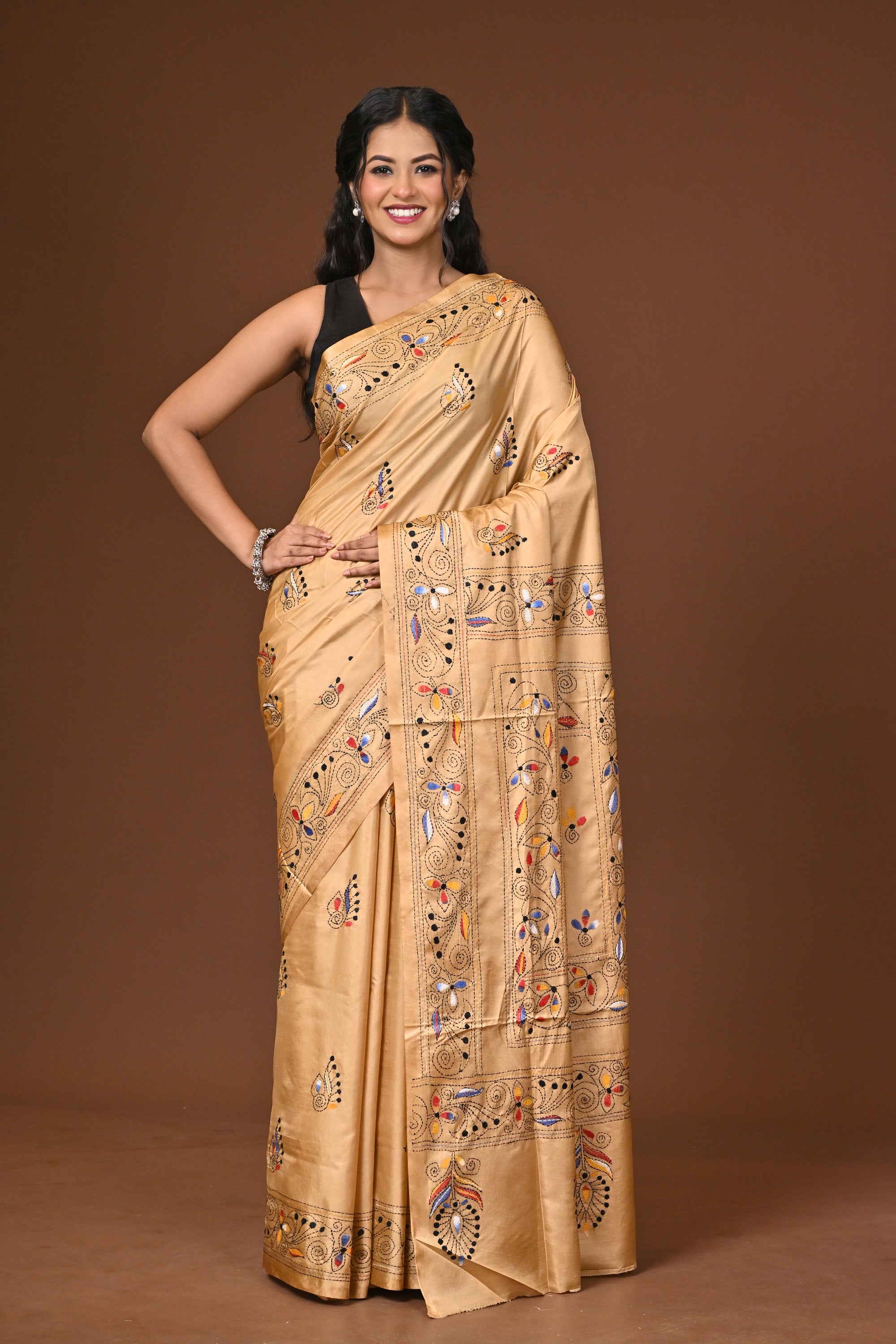 Blended Silk Kantha Stitch Saree Beige Thumbnail