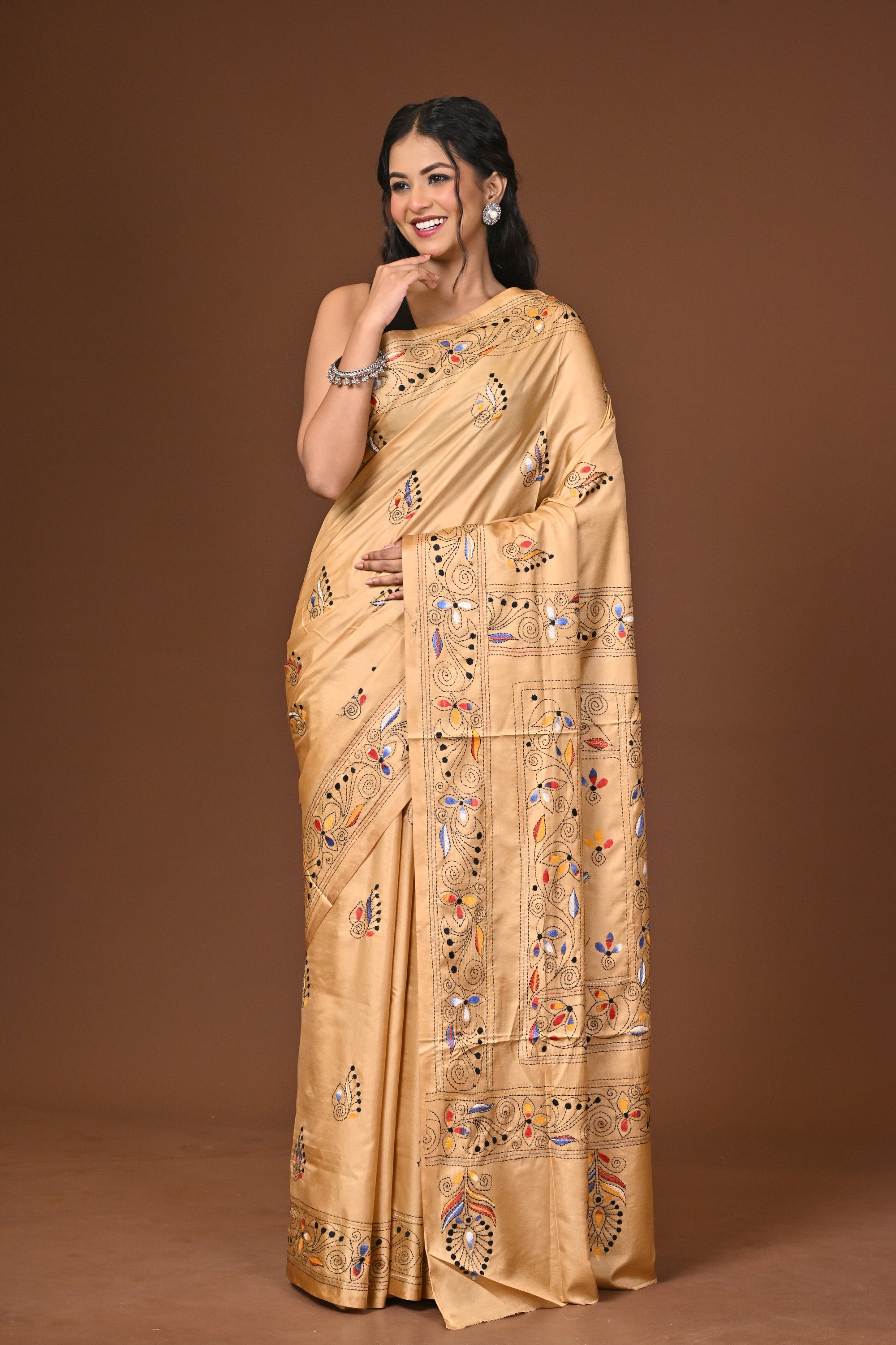 Blended Silk Kantha Stitch Saree Beige Thumbnail