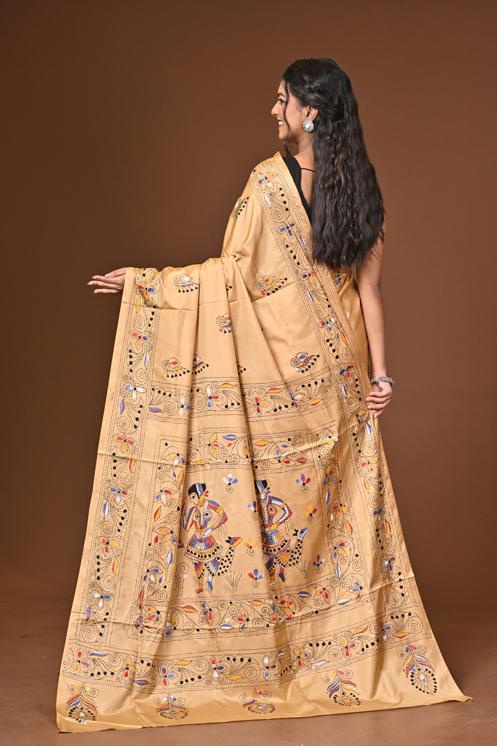 Blended Silk Kantha Stitch Saree Beige Thumbnail