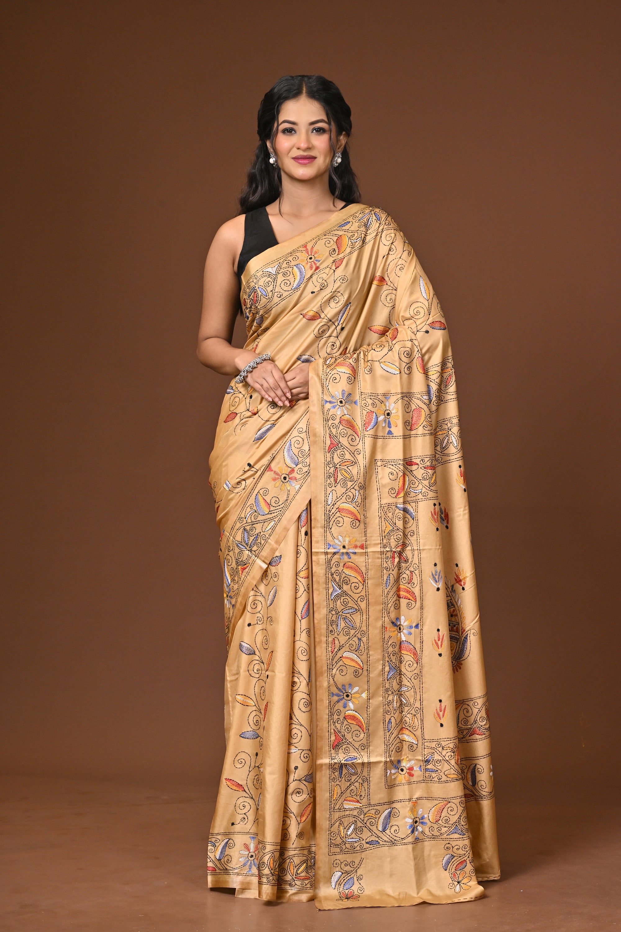 Blended Silk Kantha Stitch Saree Beige