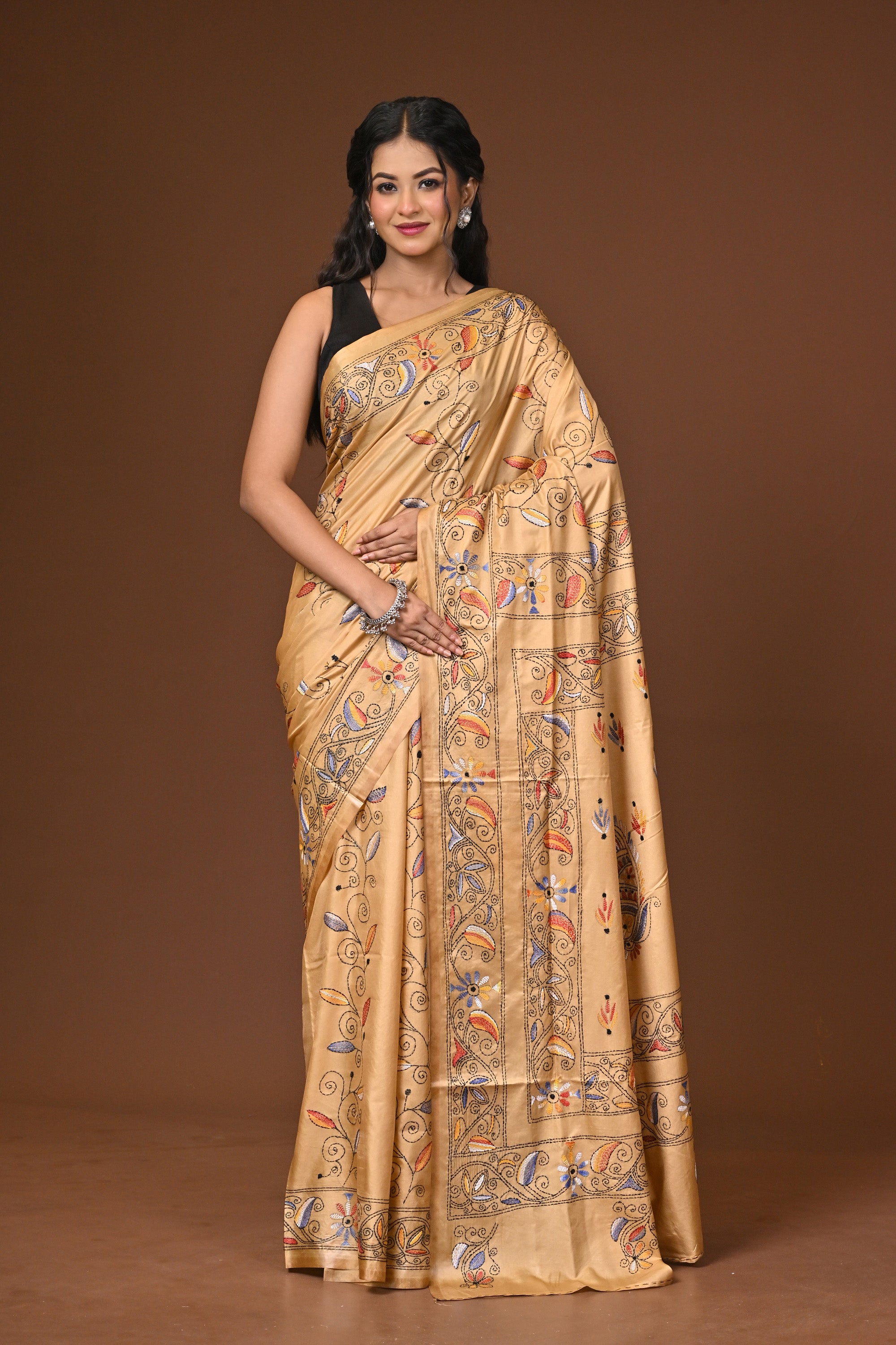 Blended Silk Kantha Stitch Saree Beige Thumbnail