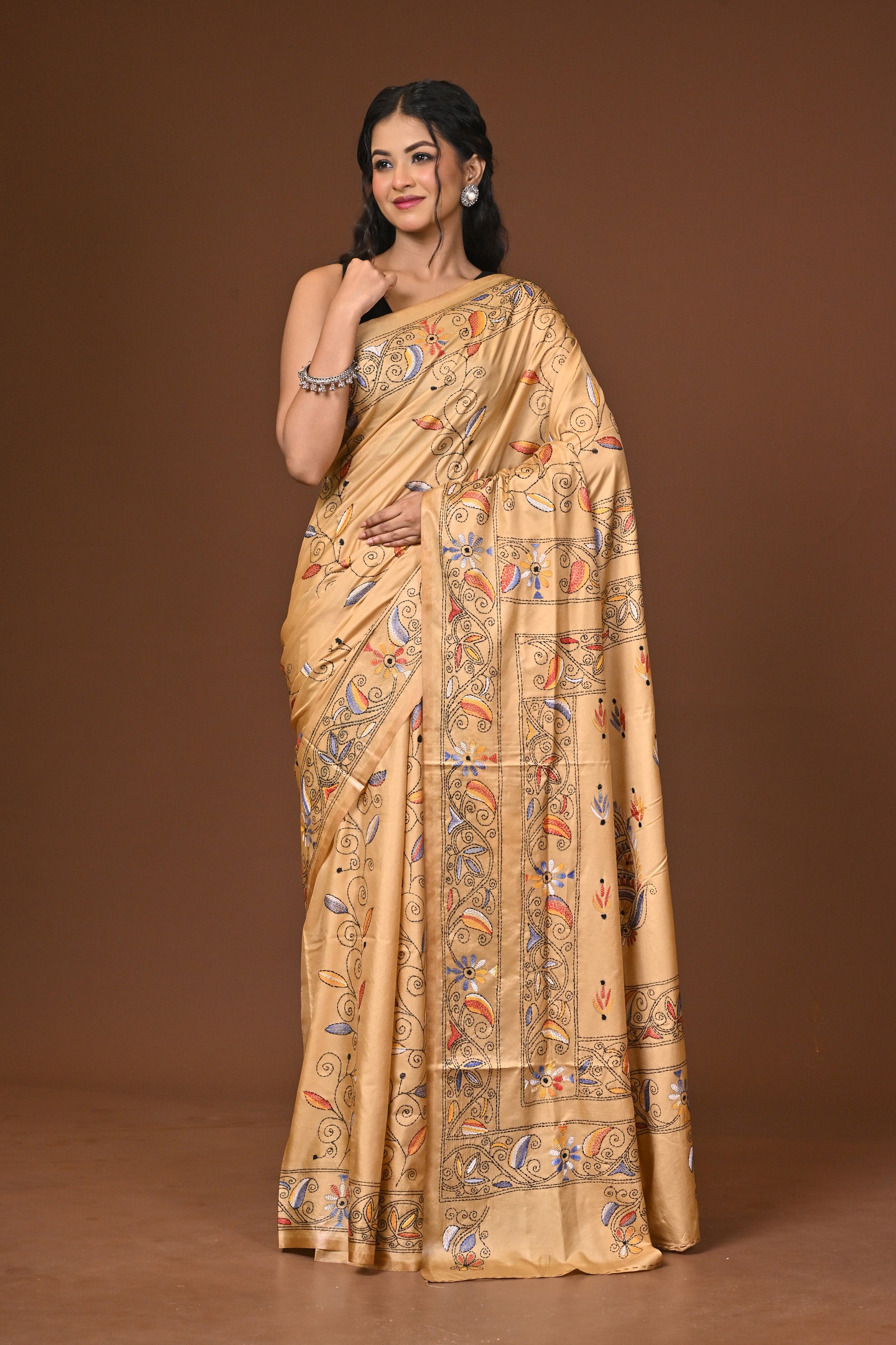 Blended Silk Kantha Stitch Saree Beige Thumbnail