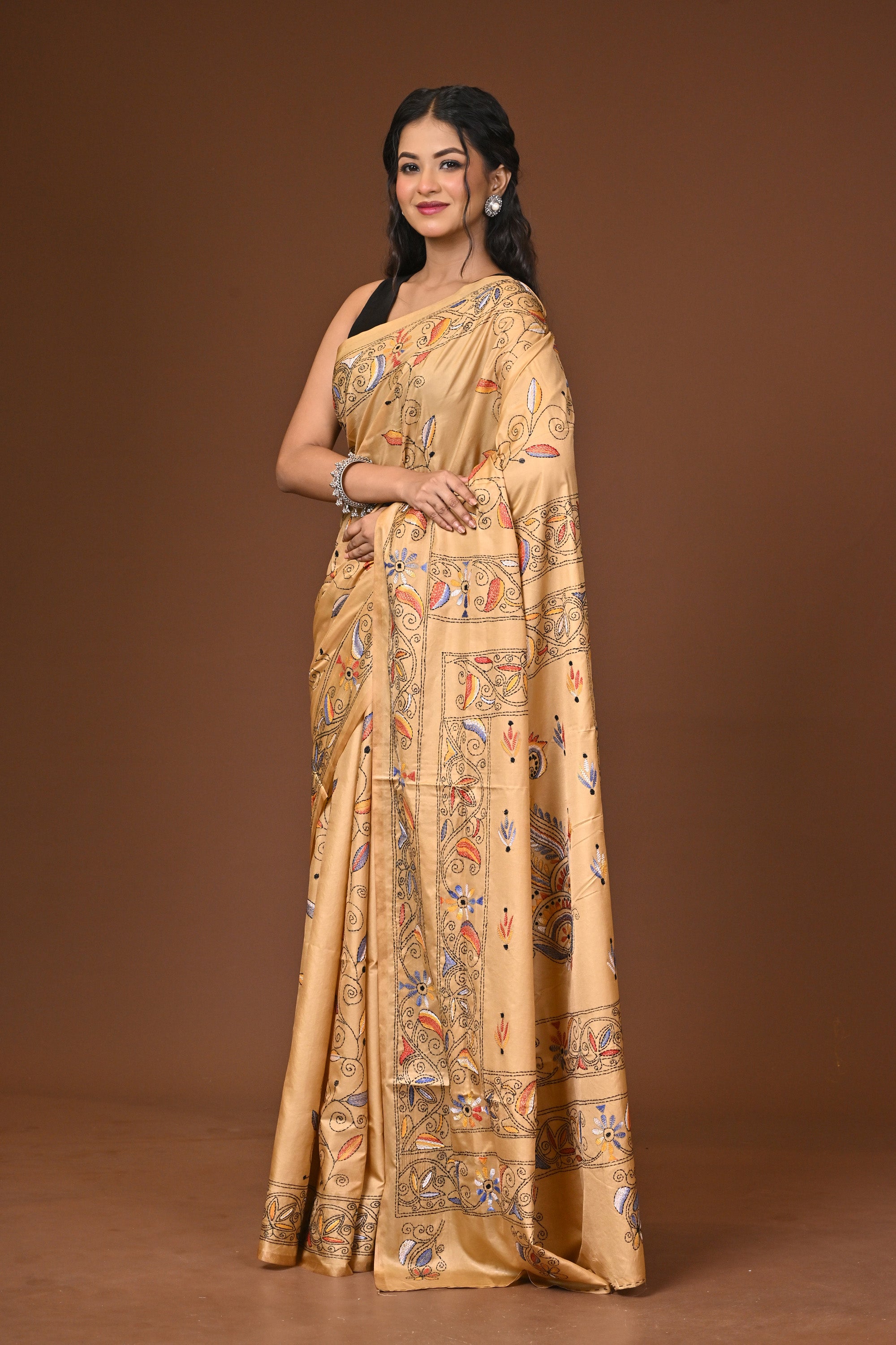 Blended Silk Kantha Stitch Saree Beige Thumbnail