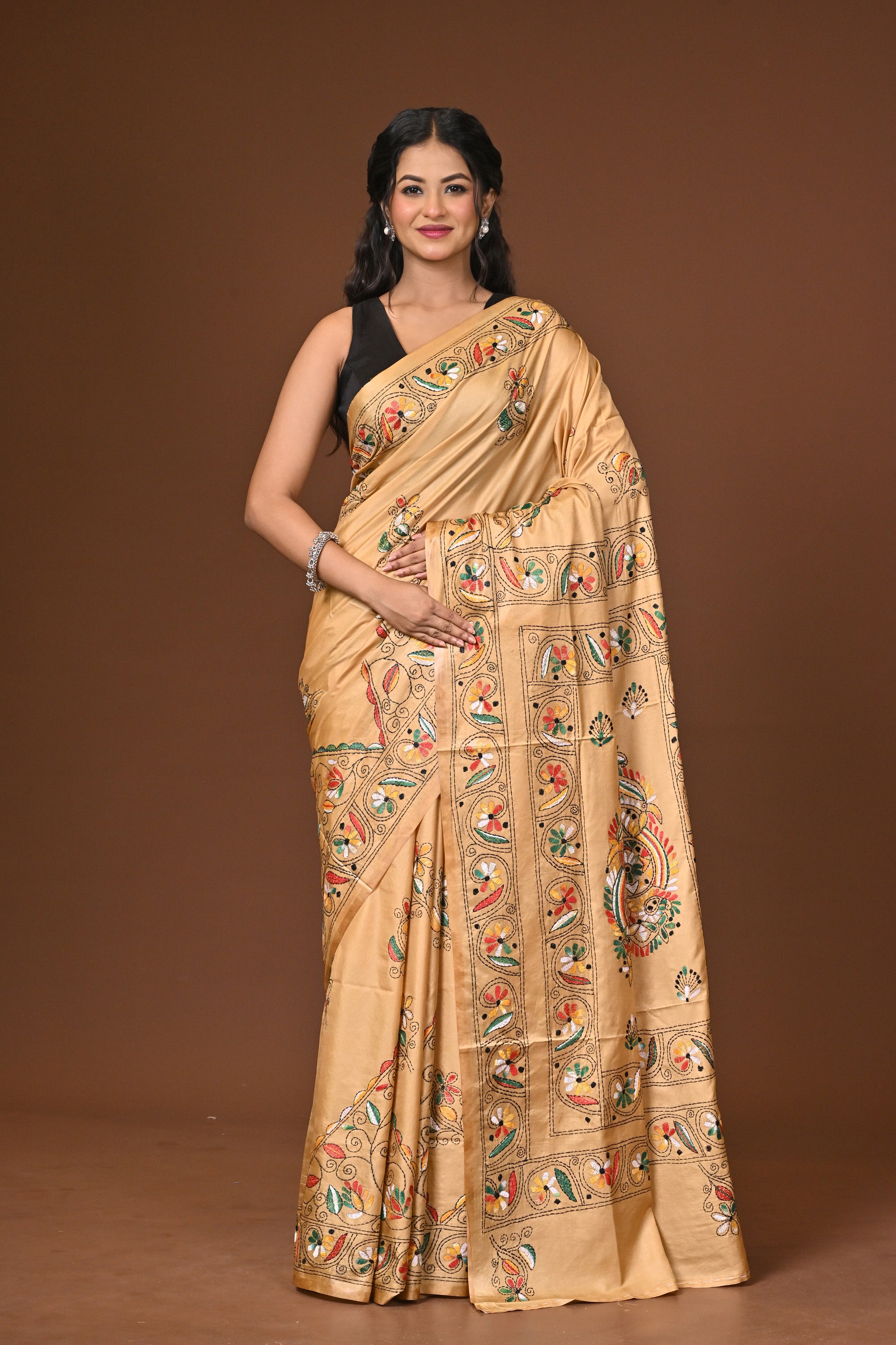 Blended Silk Kantha Stitch Saree Beige Thumbnail