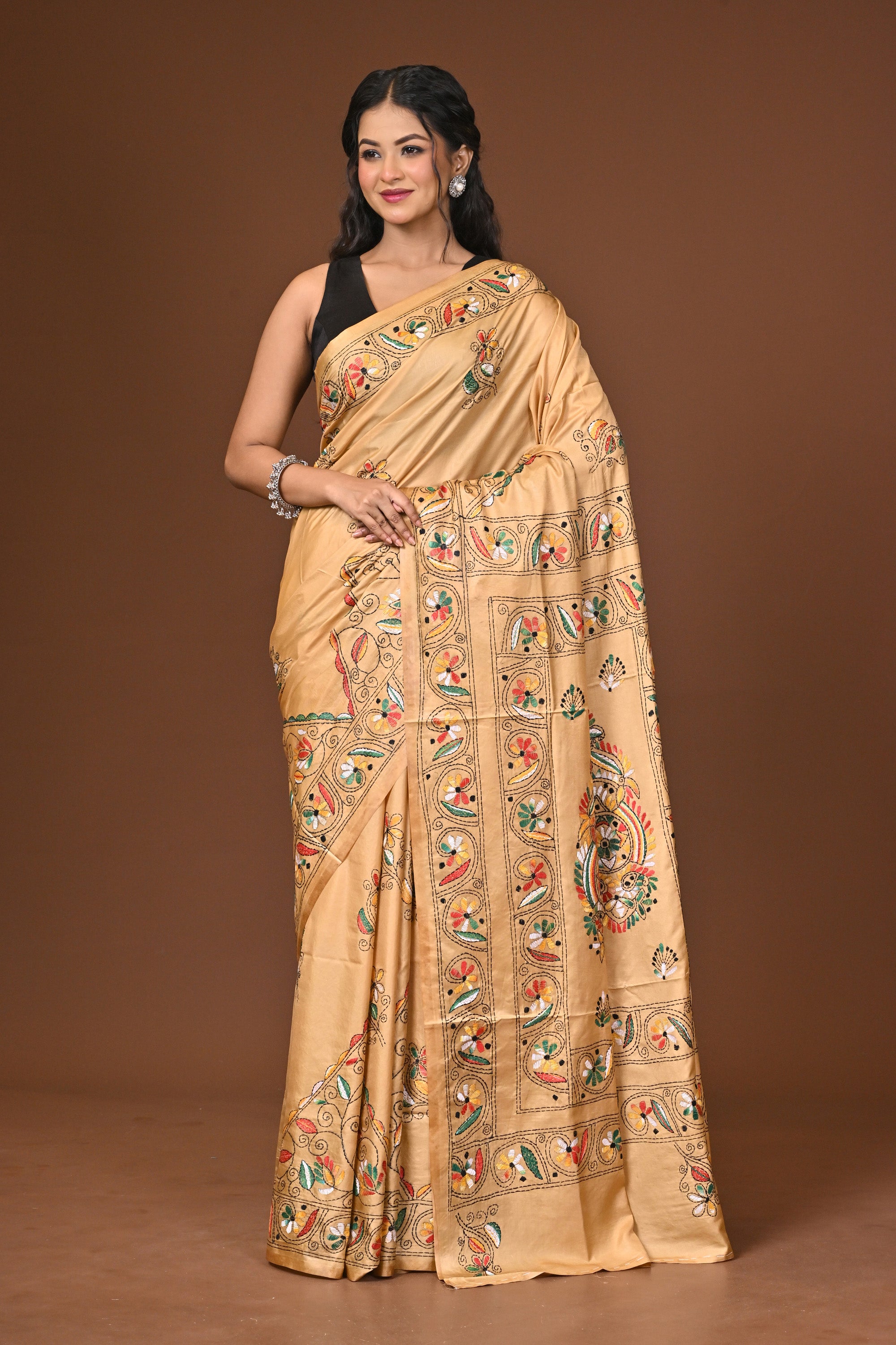 Blended Silk Kantha Stitch Saree Beige Thumbnail
