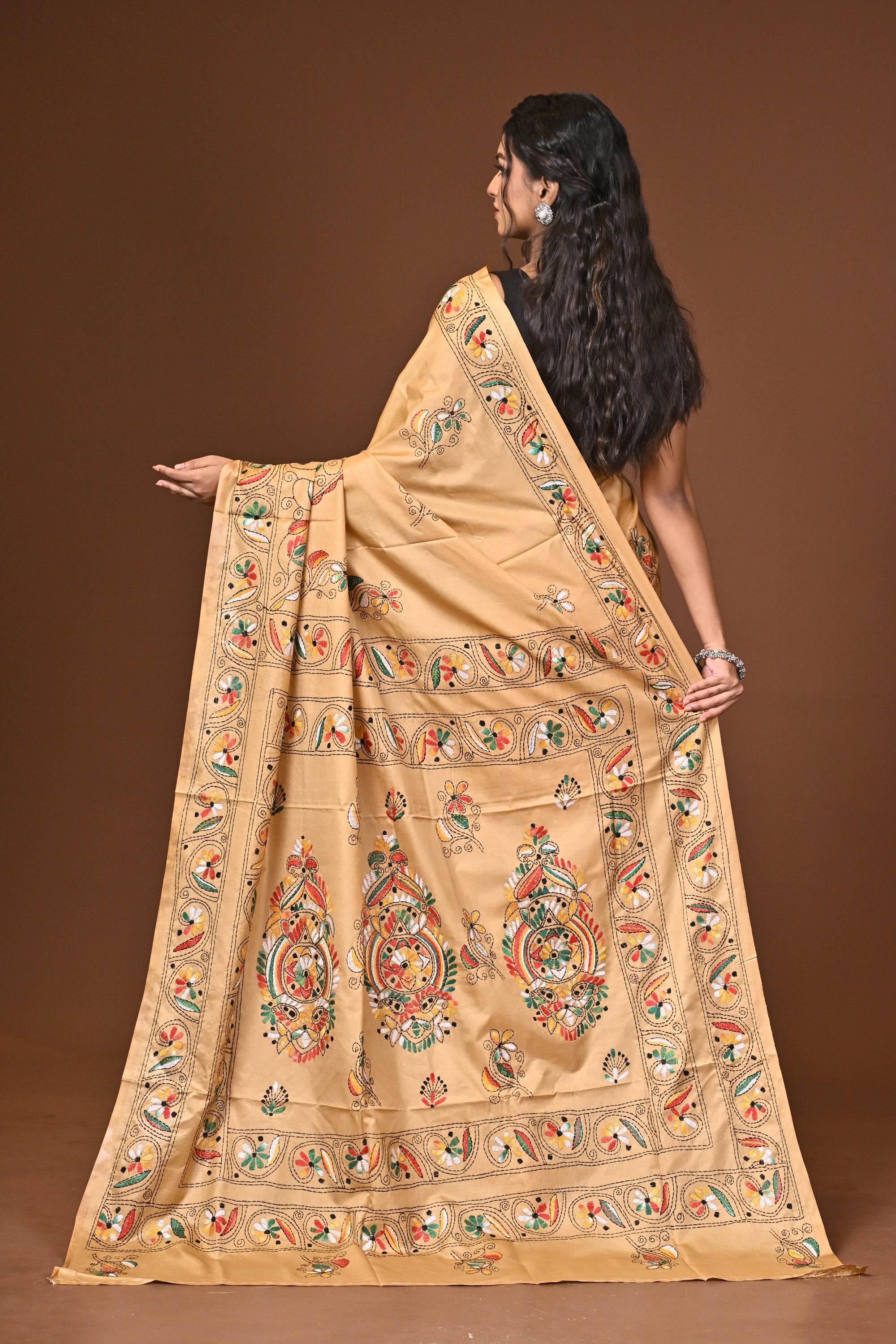 Blended Silk Kantha Stitch Saree Beige Thumbnail