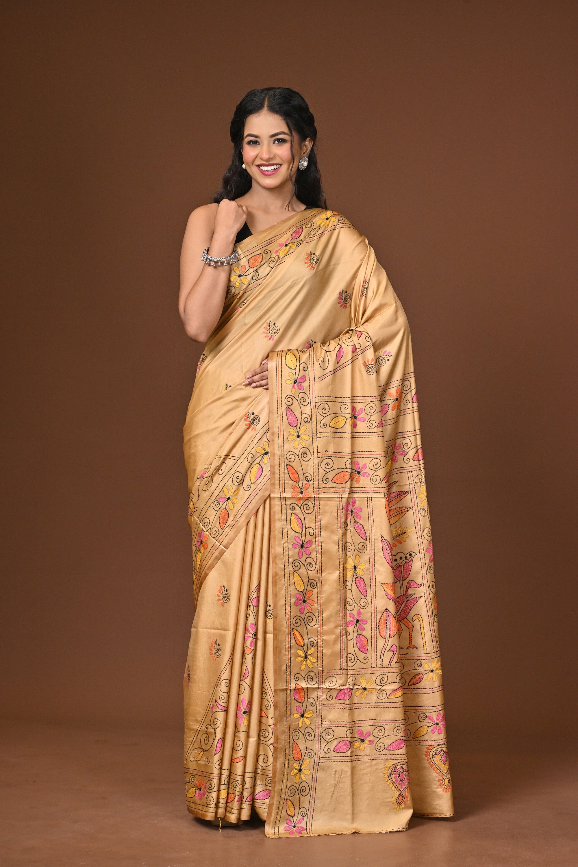 Blended Silk Kantha Stitch Saree Beige Thumbnail