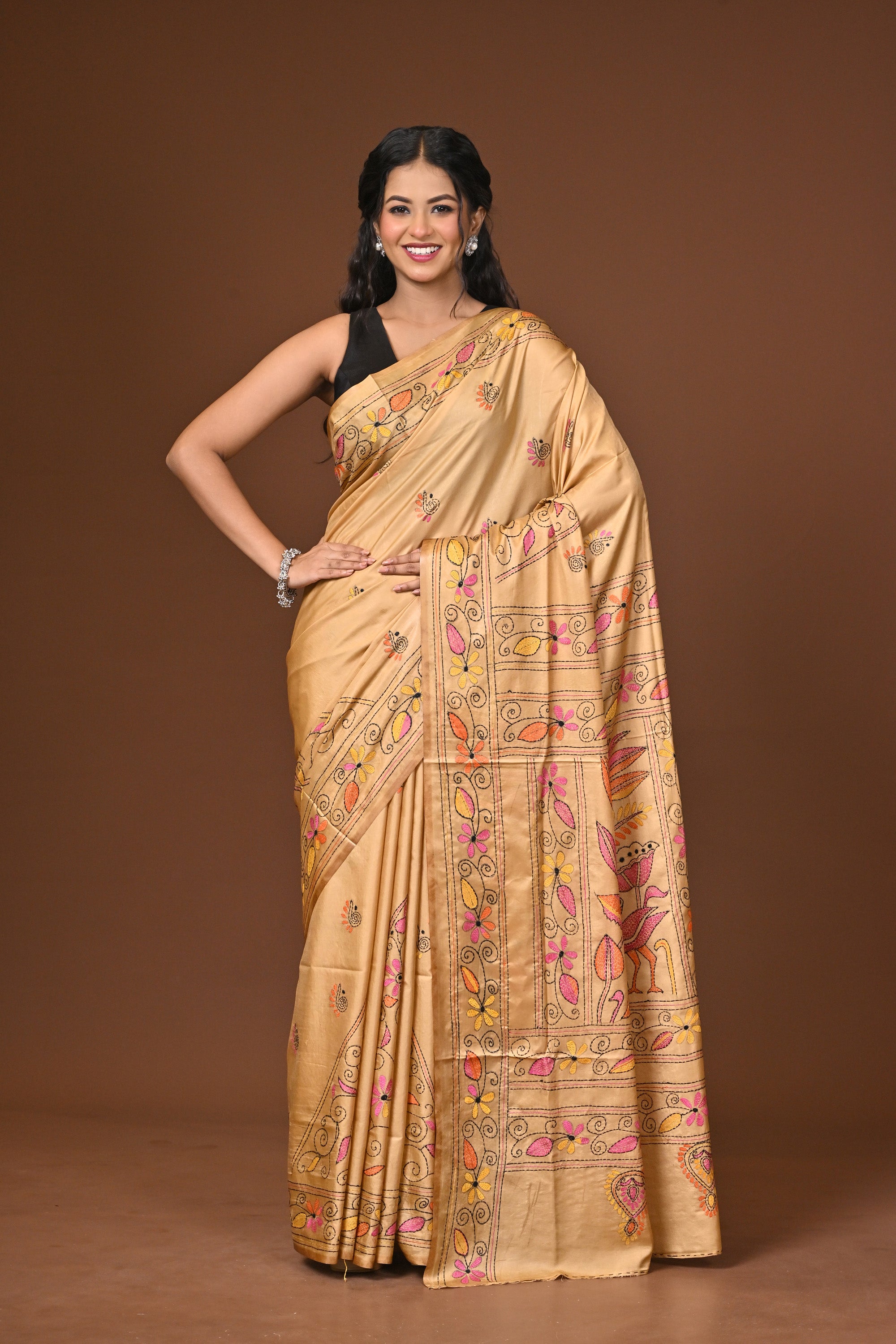 Blended Silk Kantha Stitch Saree Beige Thumbnail