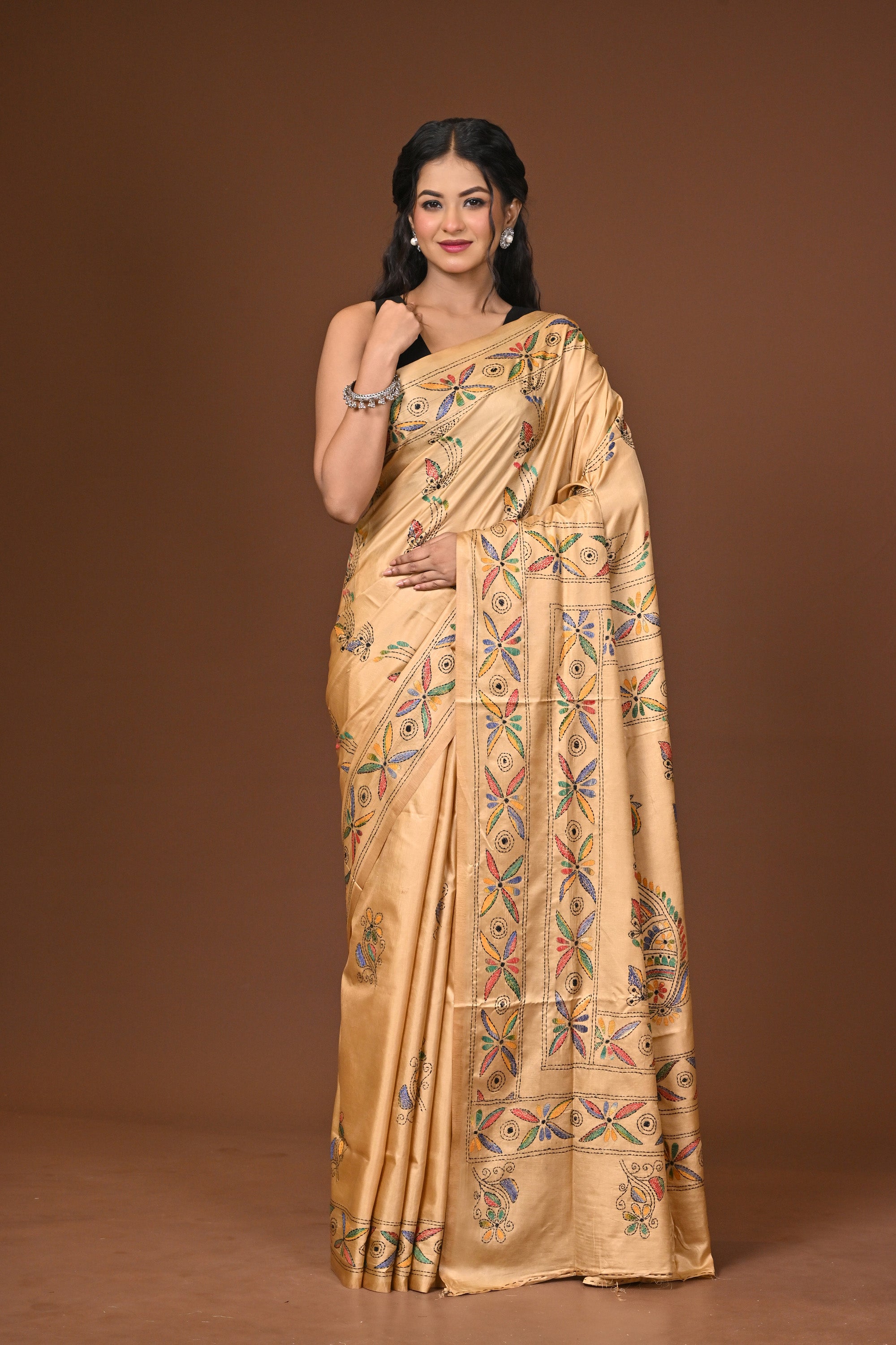 Blended Silk Kantha Stitch Saree Beige Thumbnail