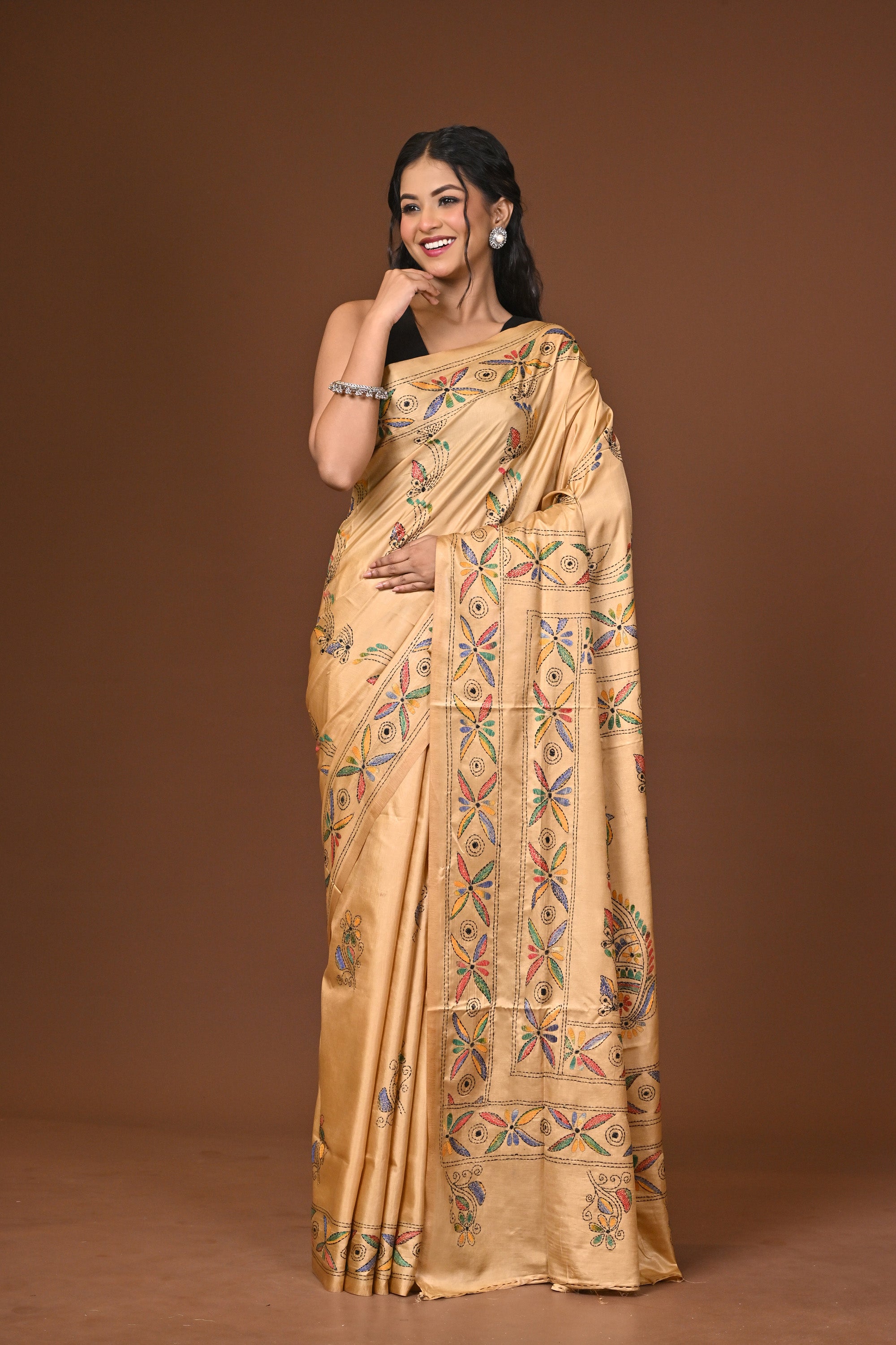 Blended Silk Kantha Stitch Saree Beige Thumbnail