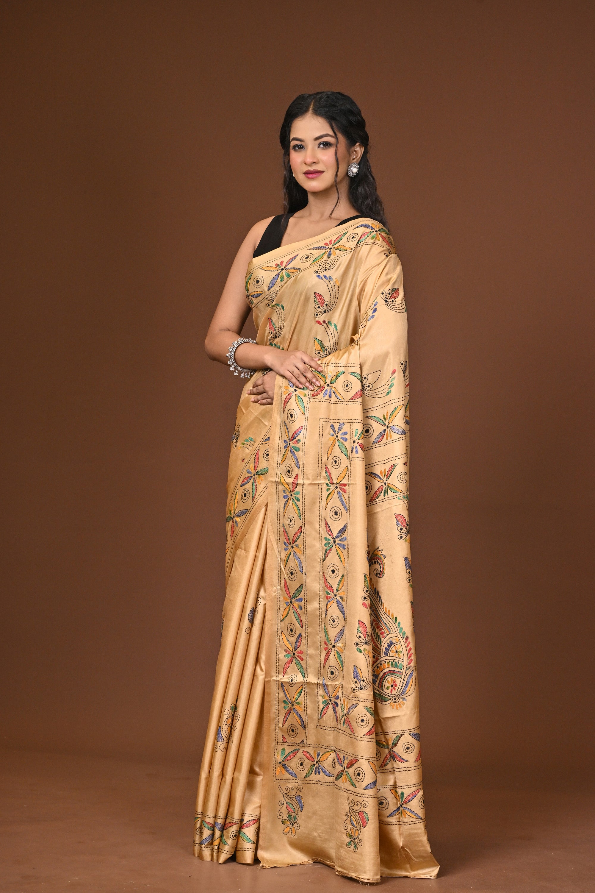 Blended Silk Kantha Stitch Saree Beige Thumbnail