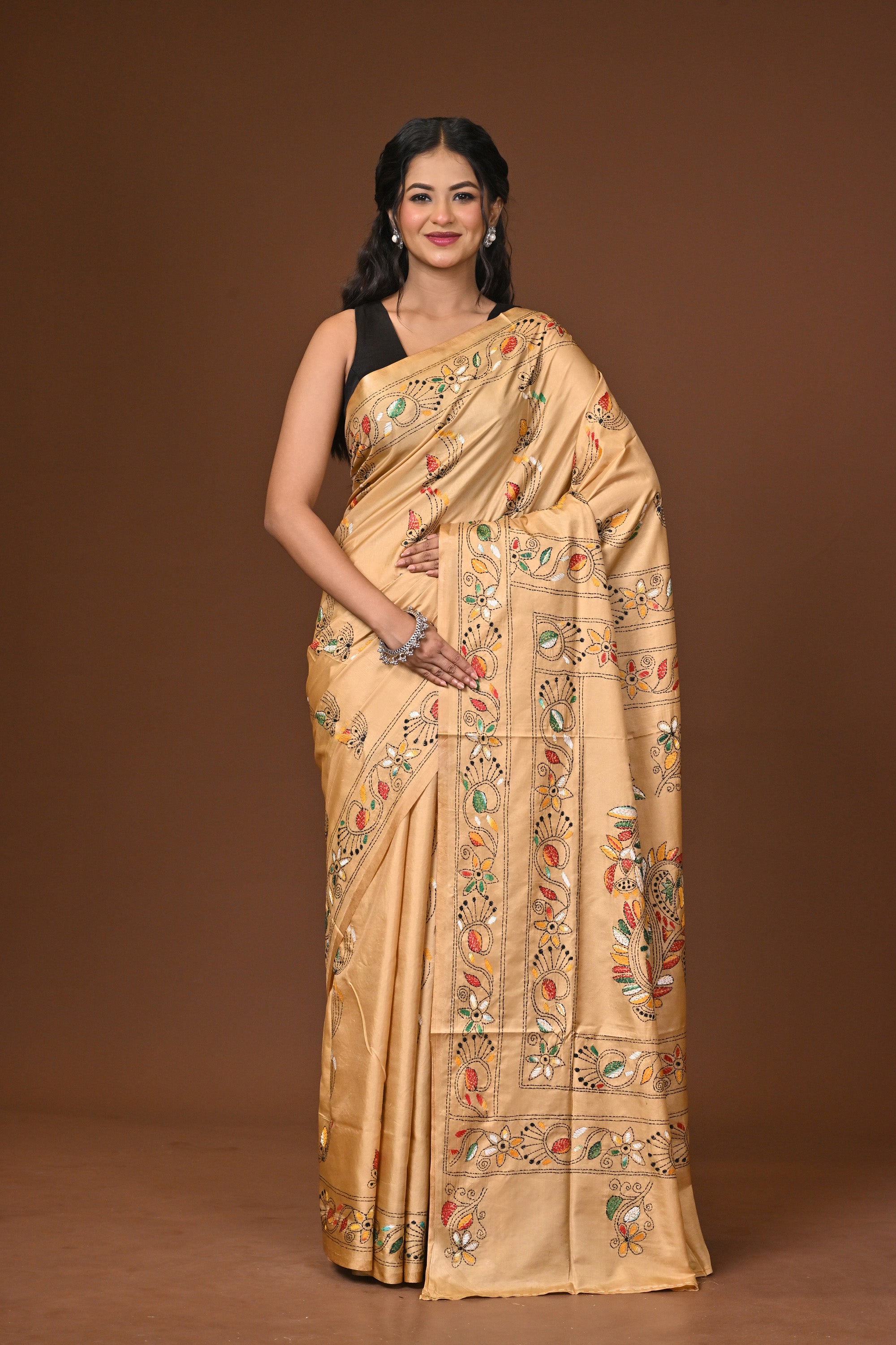 Blended Silk Kantha Stitch Saree Beige Thumbnail