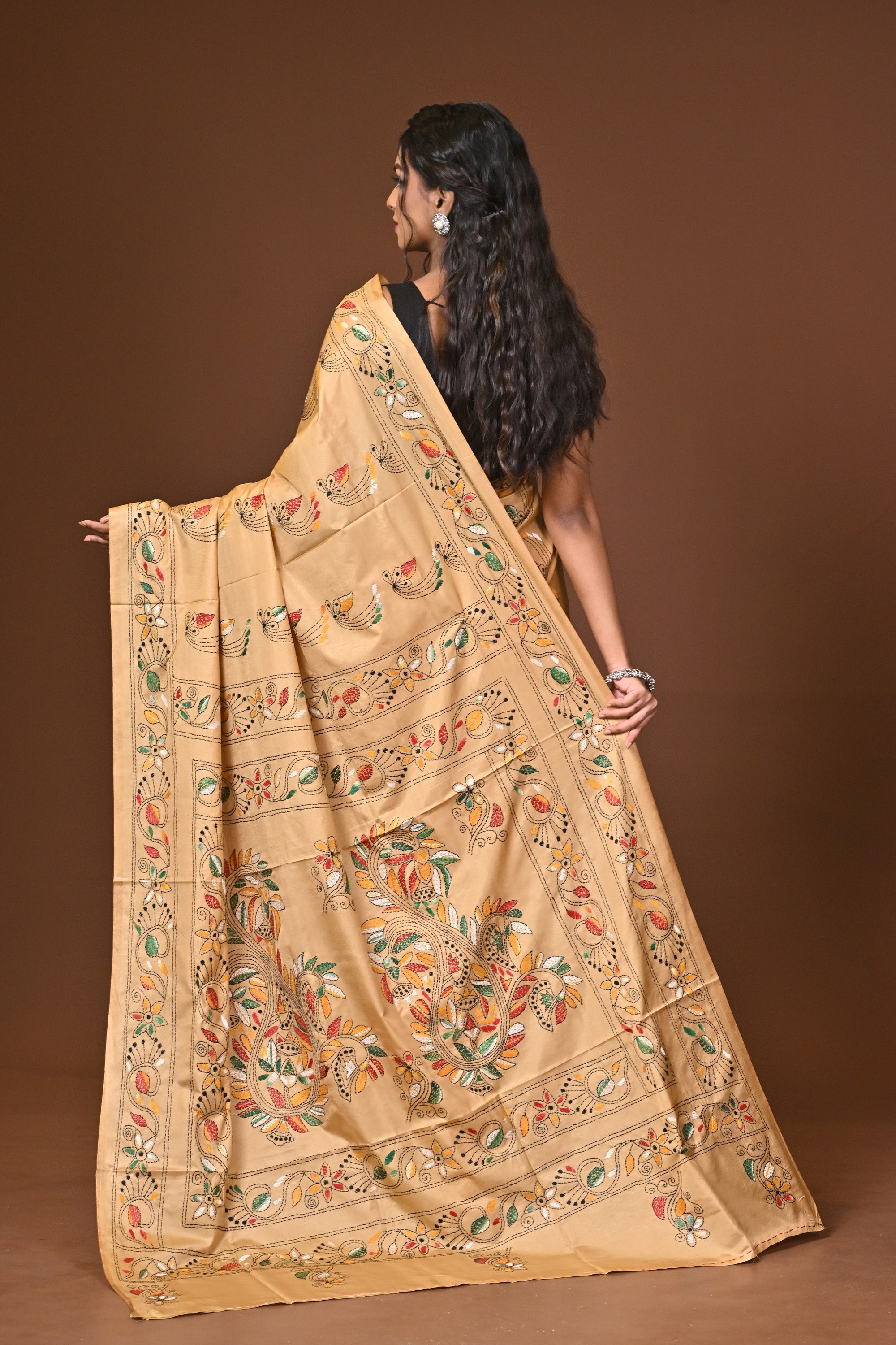 Blended Silk Kantha Stitch Saree Beige Thumbnail