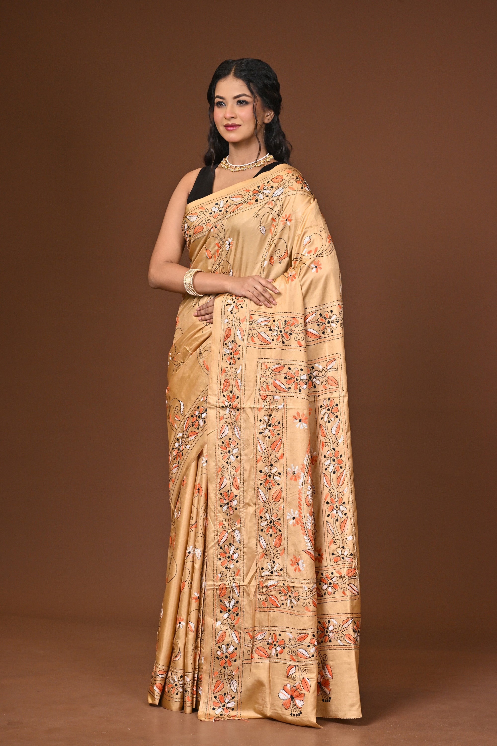 Blended Silk Kantha Stitch Saree Beige Thumbnail