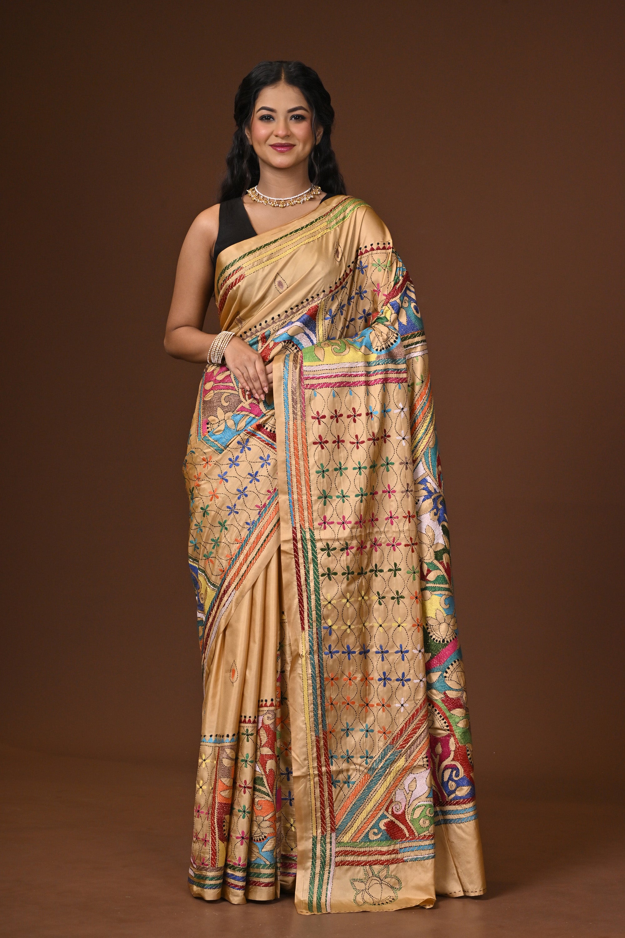 Blended Silk Kantha Stitch Saree Beige Thumbnail