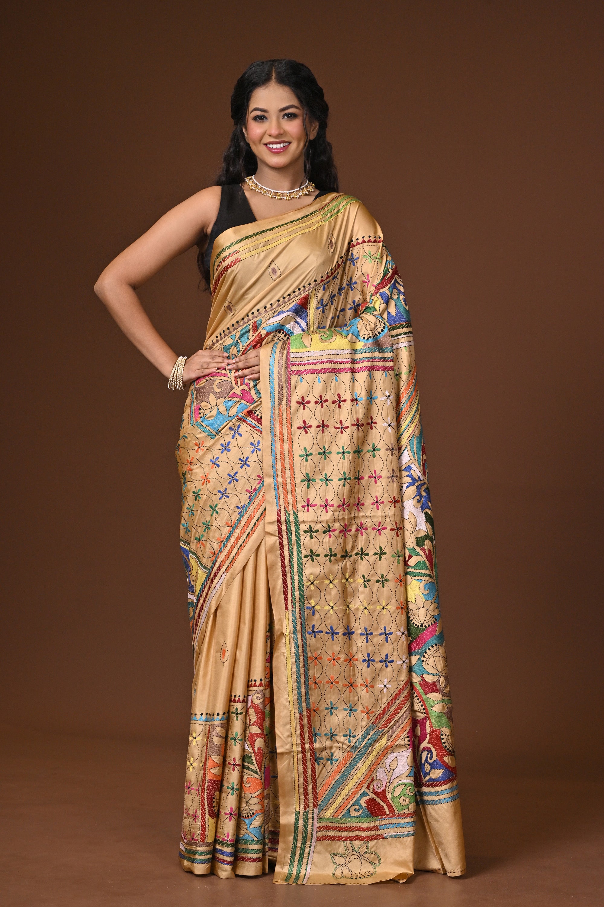 Blended Silk Kantha Stitch Saree Beige Thumbnail