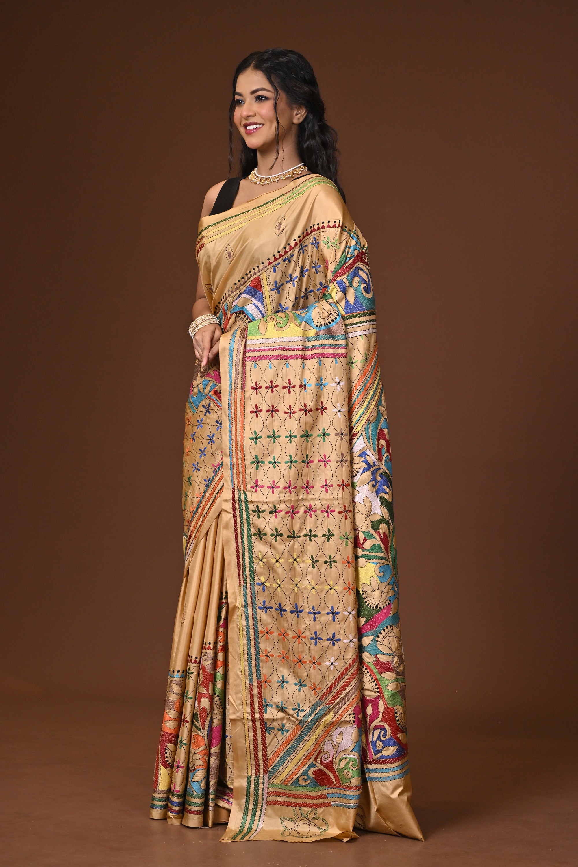 Blended Silk Kantha Stitch Saree Beige Thumbnail
